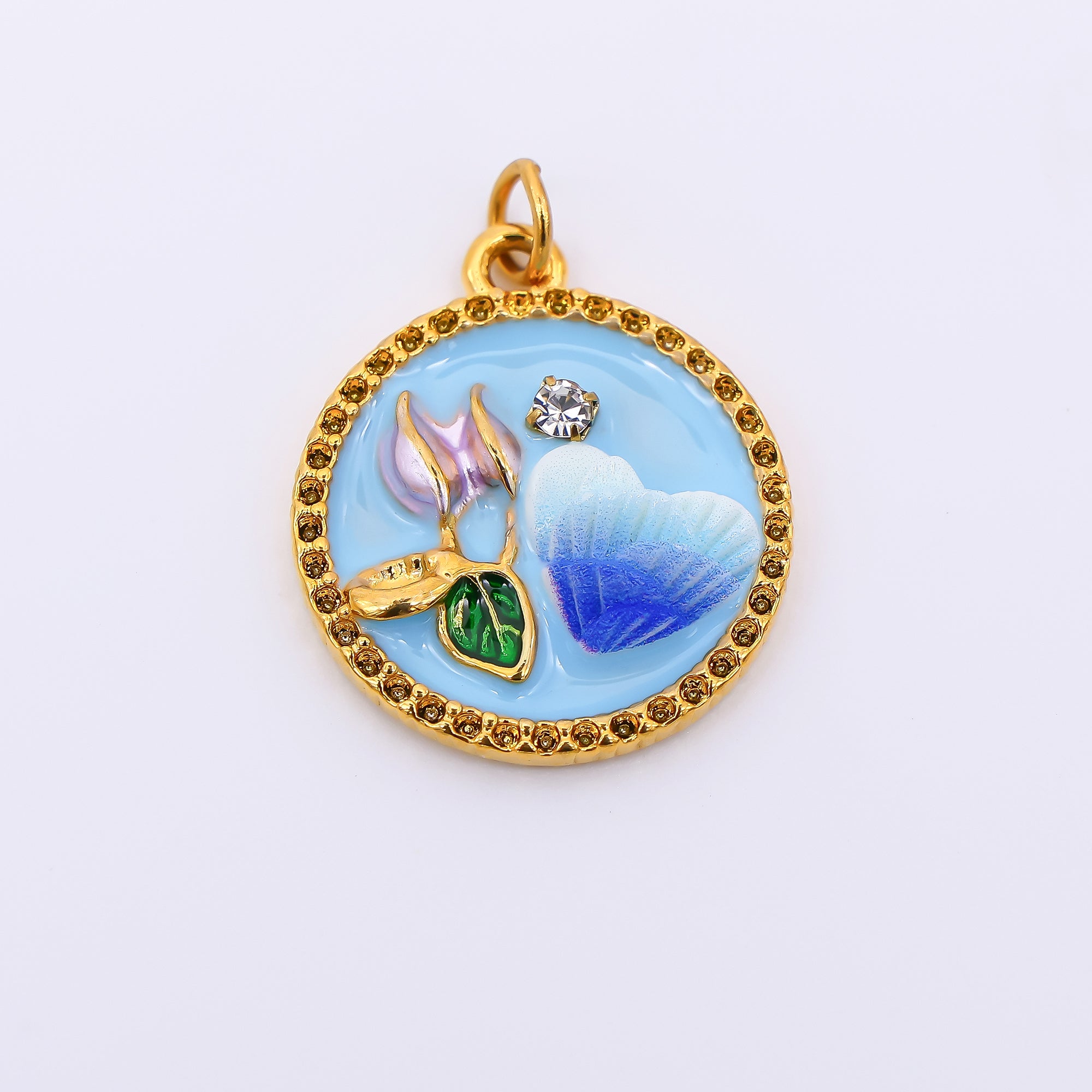 Gold Stainless Steel 23mm Round CZ Hand-Painted Enamel Flower & Heart Charm in Pink & Blue | J012