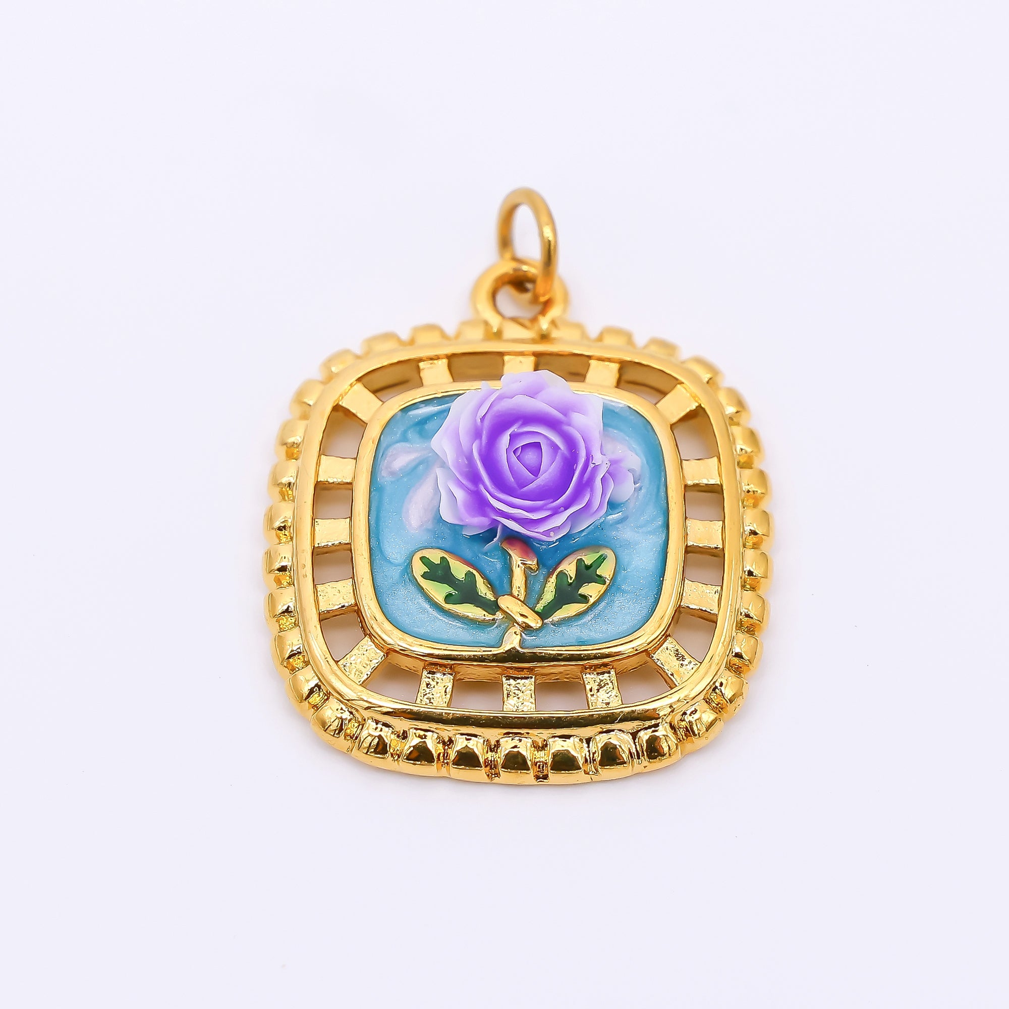 Gold Stainless Steel 24mm Hand-Painted Enamel Locket Flower Charm in Pink & Blue | J028