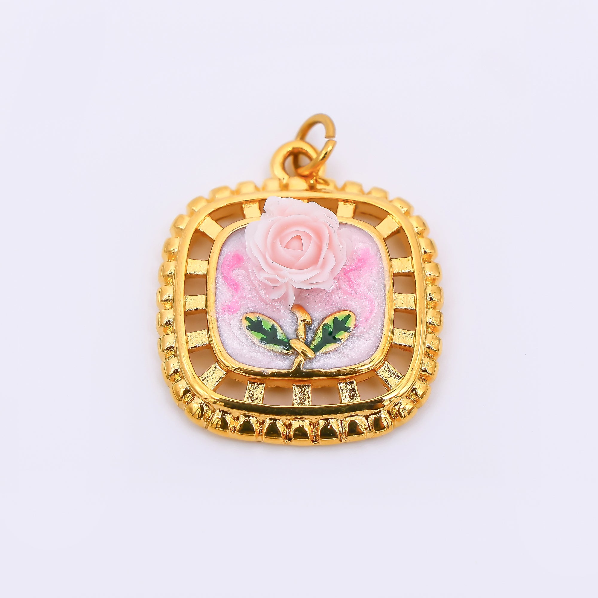 Gold Stainless Steel 24mm Hand-Painted Enamel Locket Flower Charm in Pink & Blue | J028