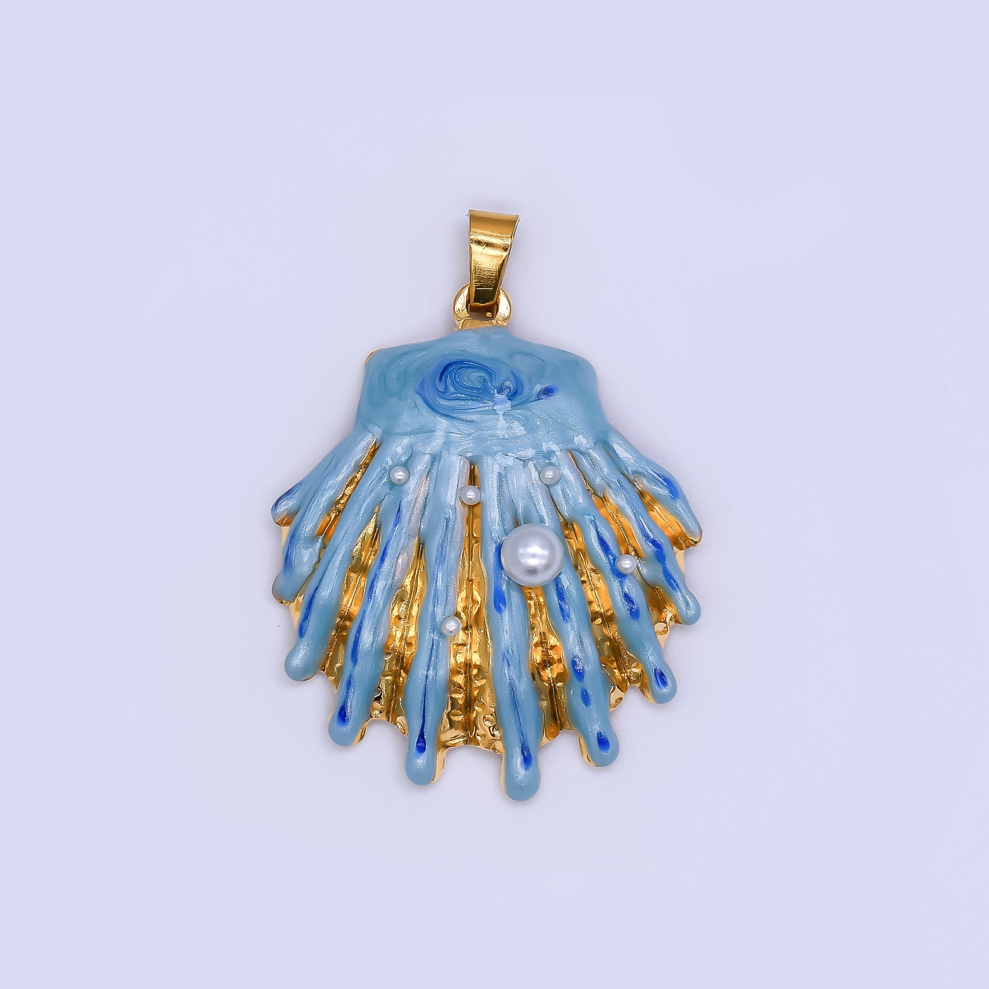 Gold Stainless Steel 33mm Hand-Painted Enamel Blue Clam Shell Pendant | J169