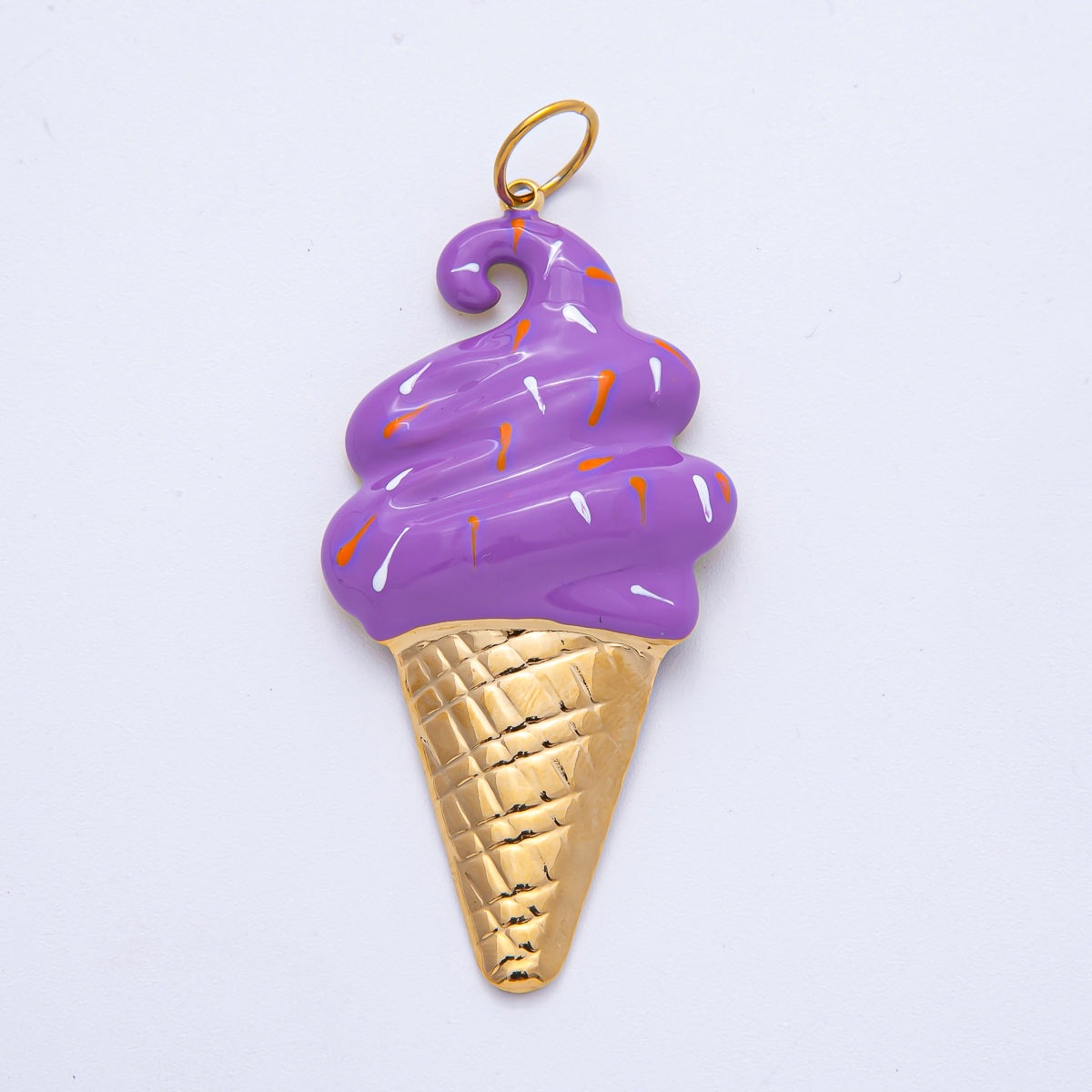 Stainless Steel 65mm Purple, White, Brown Enamel Sprinkle Ice Cream Cone Statement Charm | J848 J849