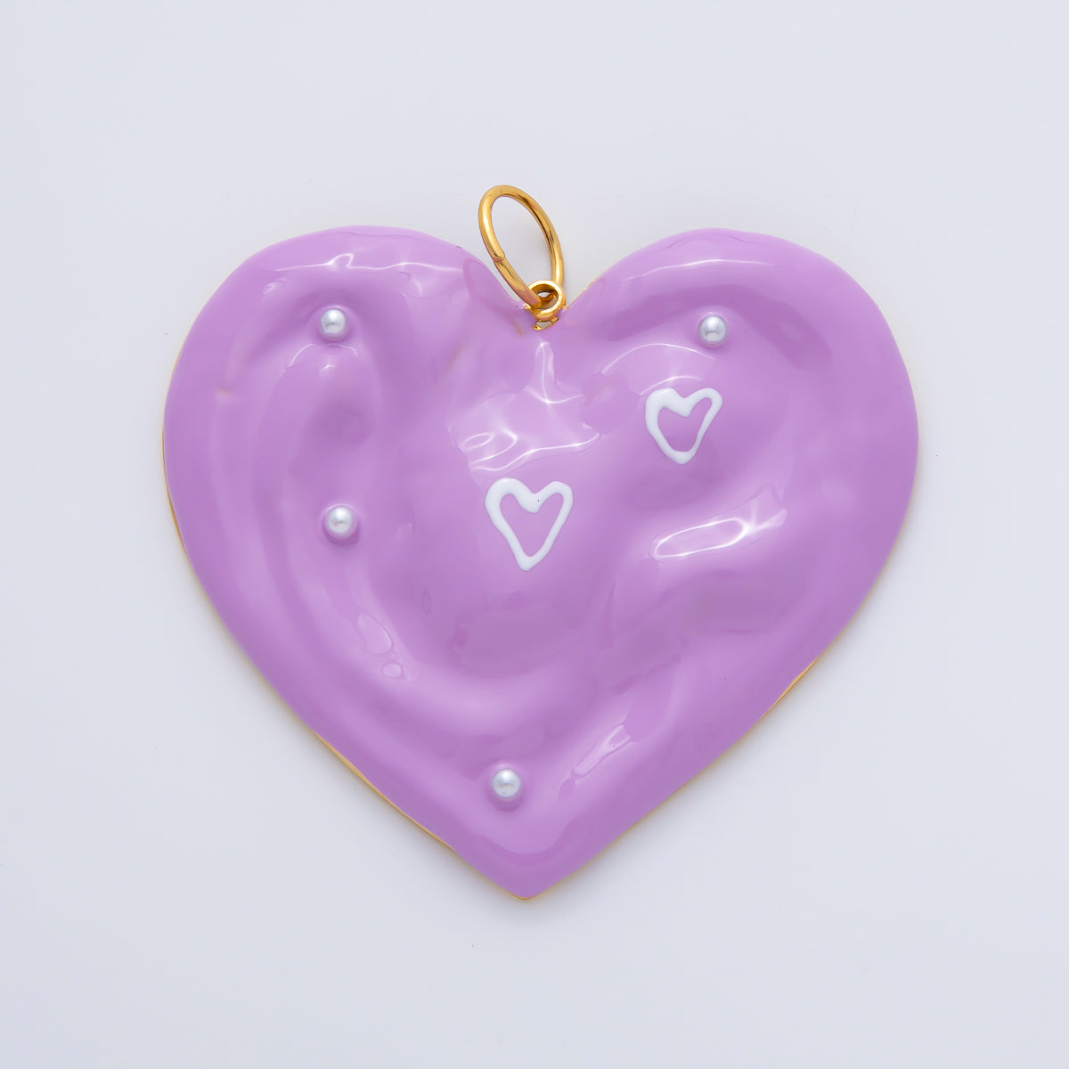 Gold Stainless Steel 57mm Handpainted Purple Enamel Heart Charm | J873
