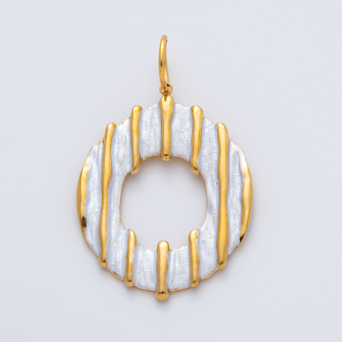 Gold Stainless Steel 40mm Handpainted White Enamel Glazed Donut Charm | J888