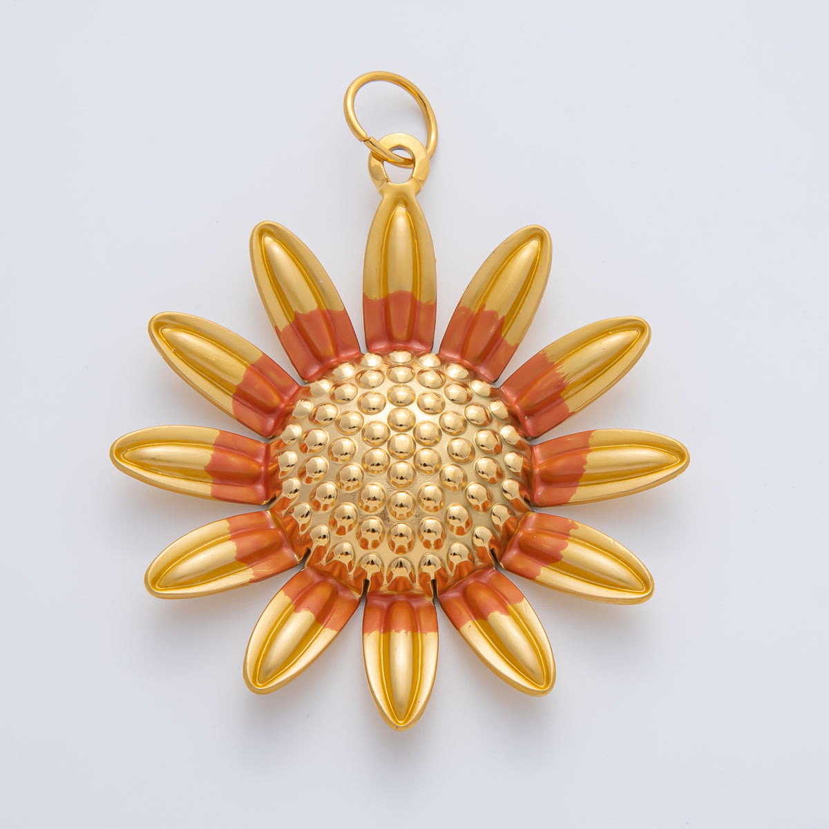 Gold Stainless Steel 57mm Handpainted Orange Enamel Fresh Sunflower Charm | J891