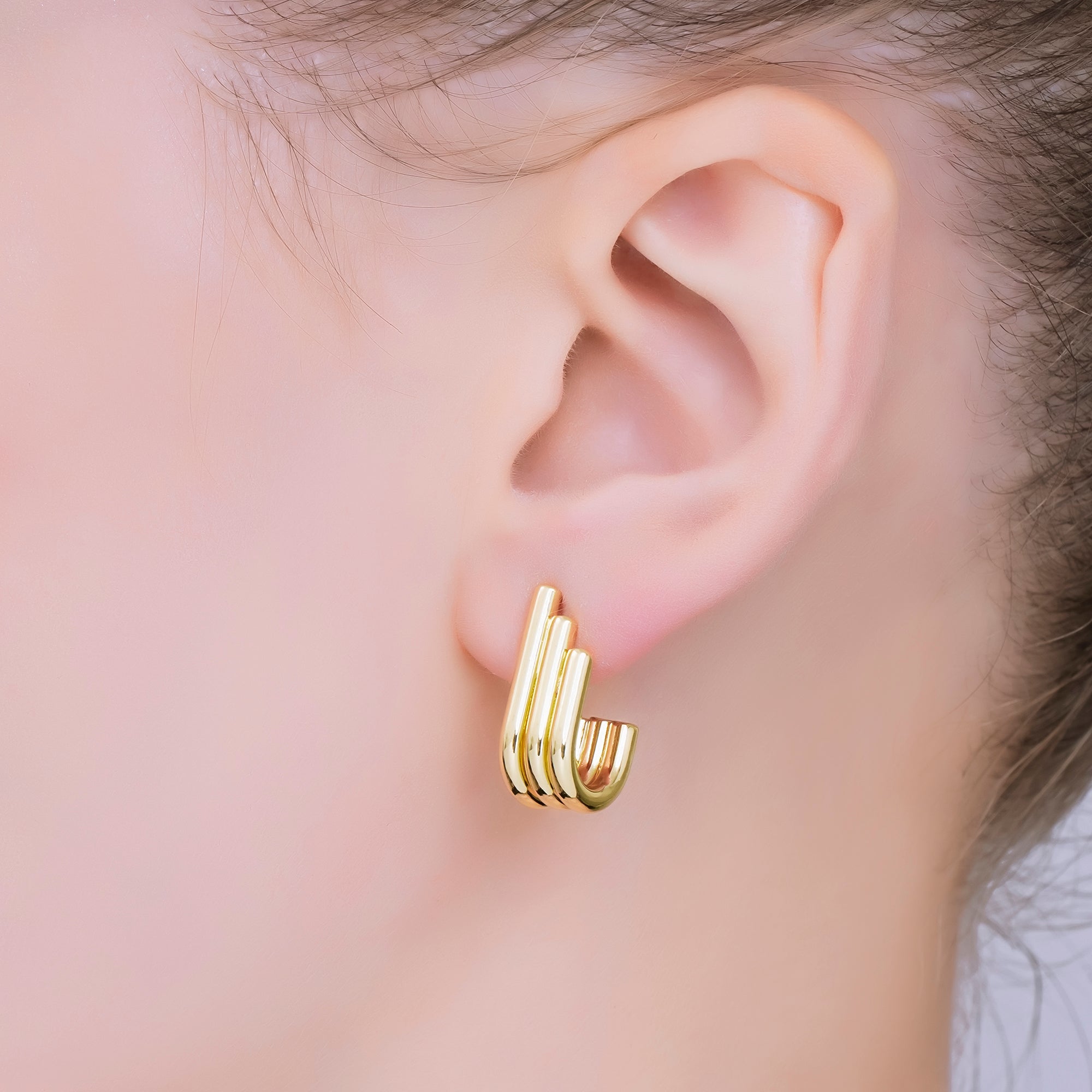 24K Gold Filled Ribbed Triple Linear Modern Shaped Hoop Earrings | AJ130