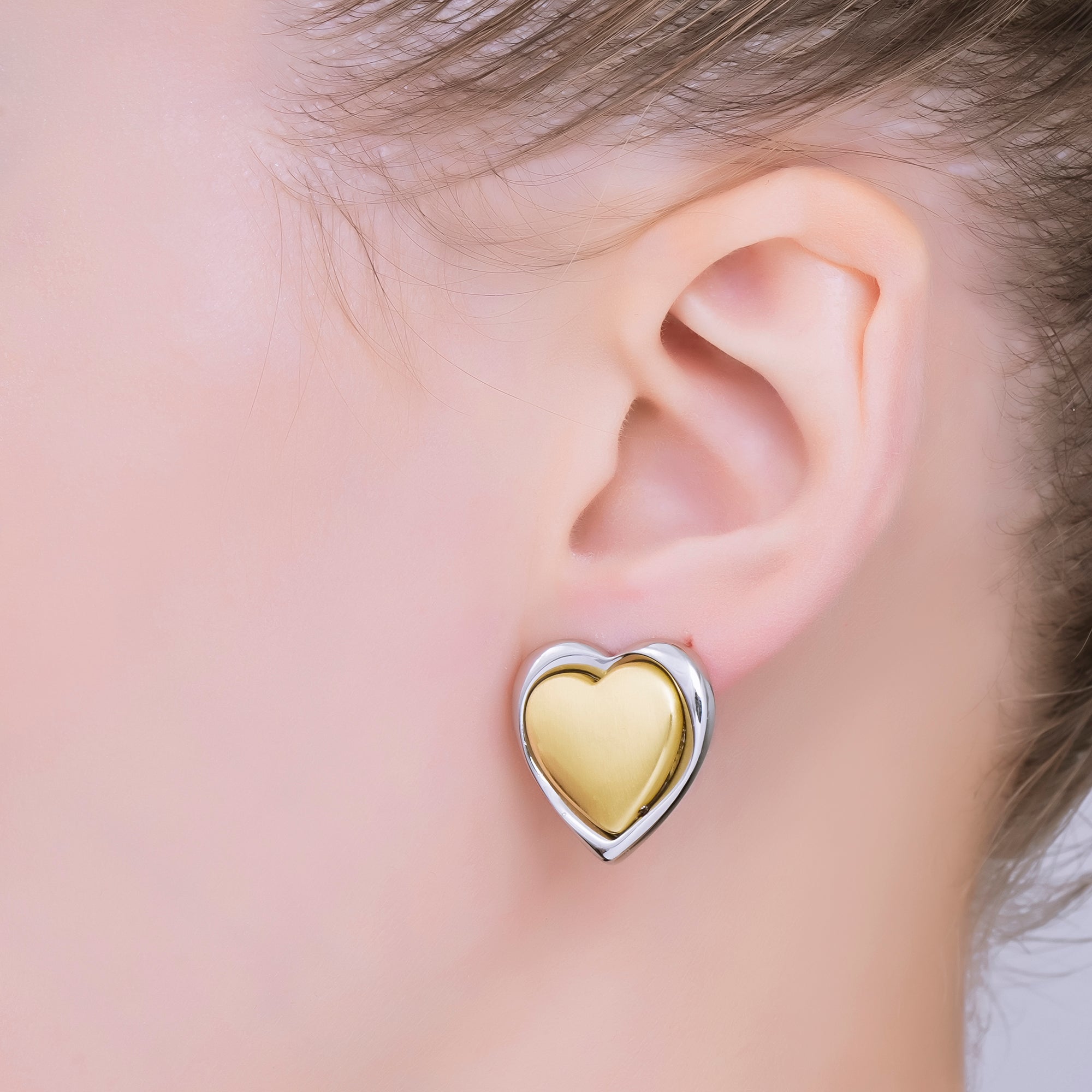 24K Gold Filled Mixed Metal Dual-Toned Heart Drop Stud Earrings | AB1595