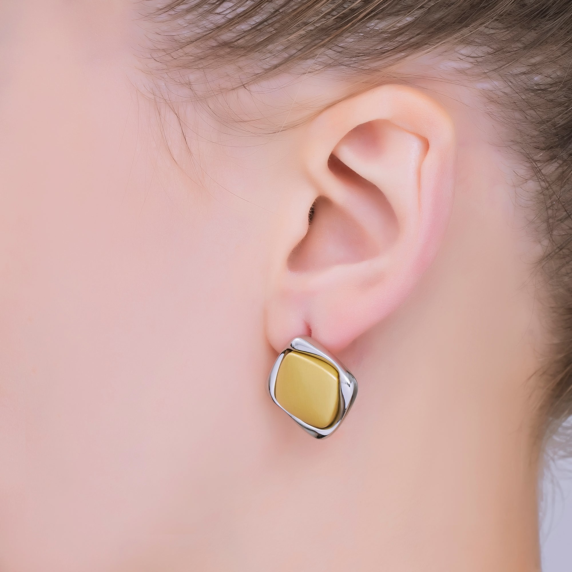 24K Gold Filled Mixed Metal Dual-Toned Rhombus Drop Stud Earrings | AB1597