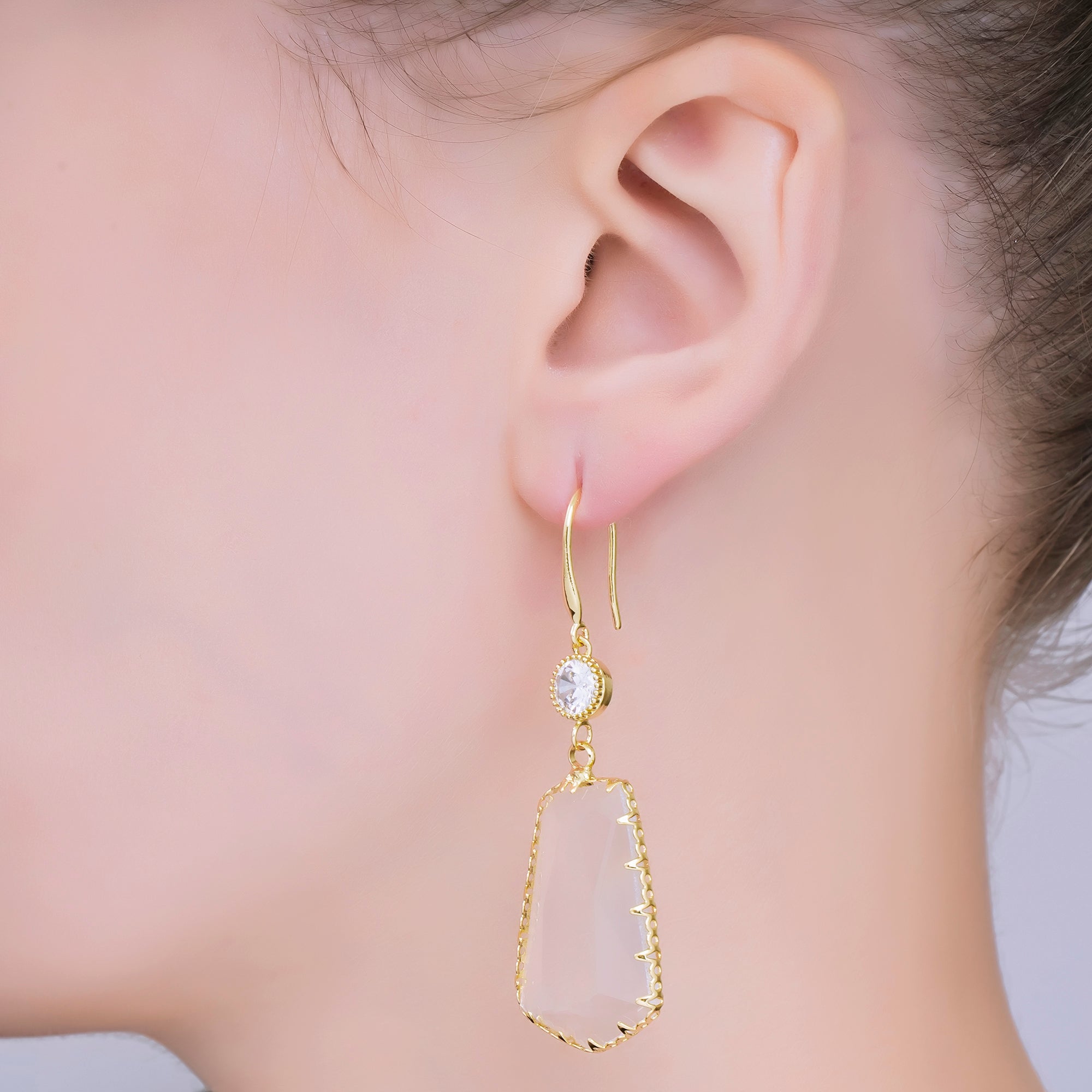 24K Gold Filled 34mm Clear CZ Trapezoid Teardrop Statement Drop Hook Earrings | AB1603