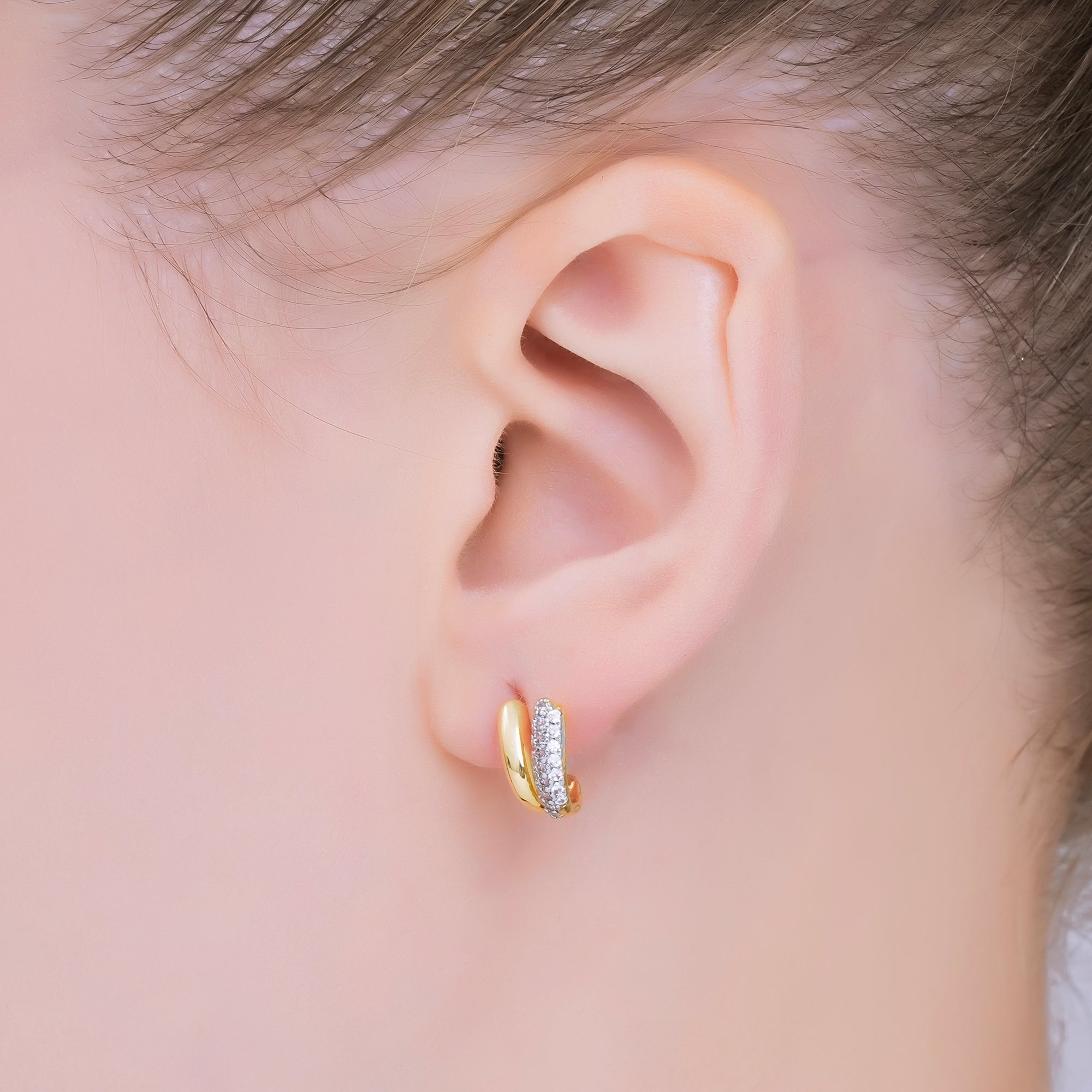 24K Gold Filled Micro Paved CZ Mixed Metal Hoops Earrings | AJ129