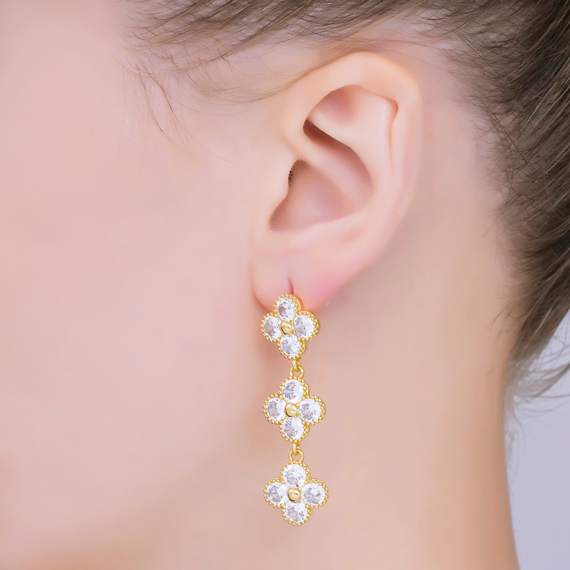 24K Gold Filled Triple-Row Clover Leaf Micro Paved CZ Drop Studs Earrings | AB1566