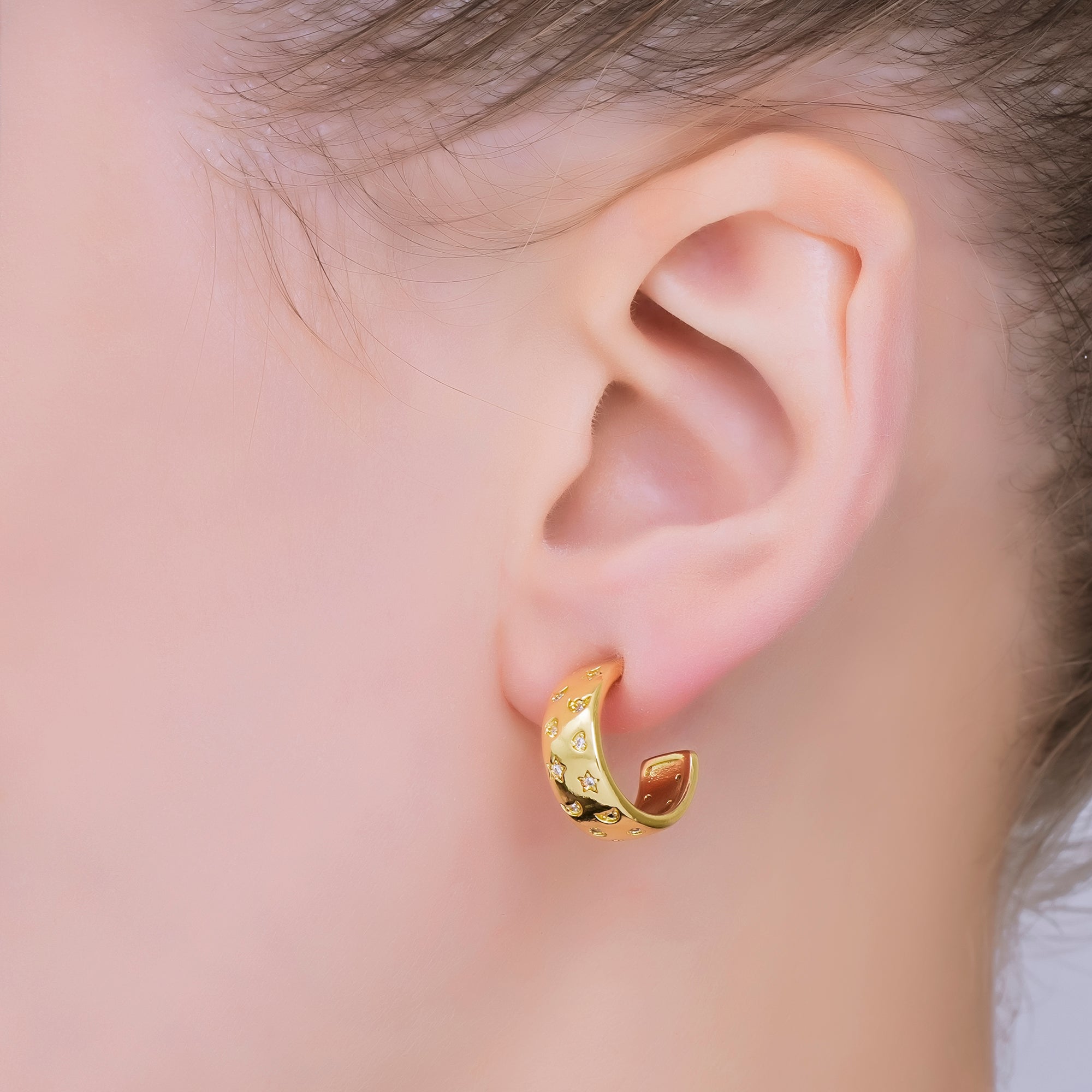 24K Gold Filled Micro Paved CZ Stars Celestial Hoops Earrings | AB1563
