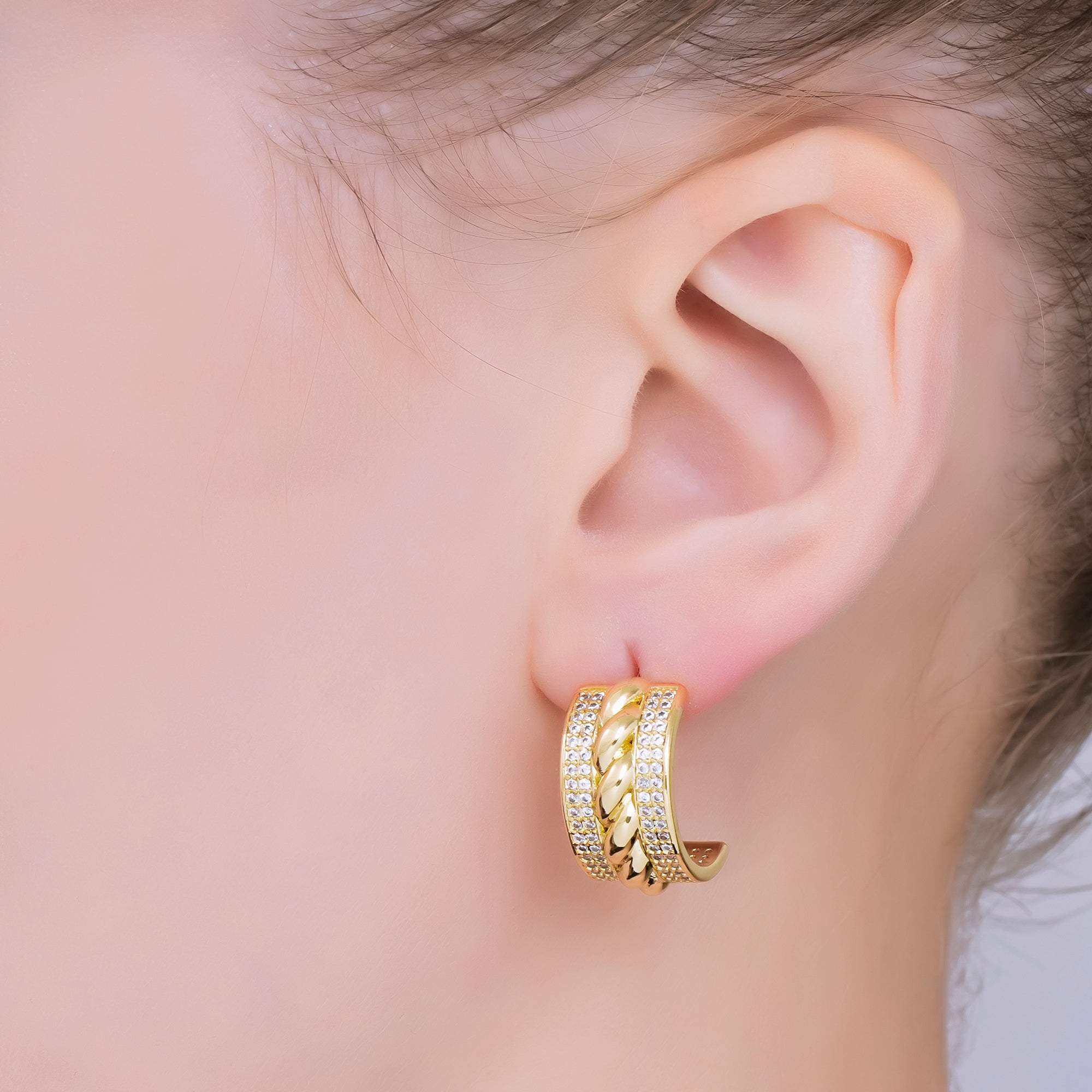24K Gold Filled Micro Paved CZ Twisted Center C-Hoops Earrings | AB1561