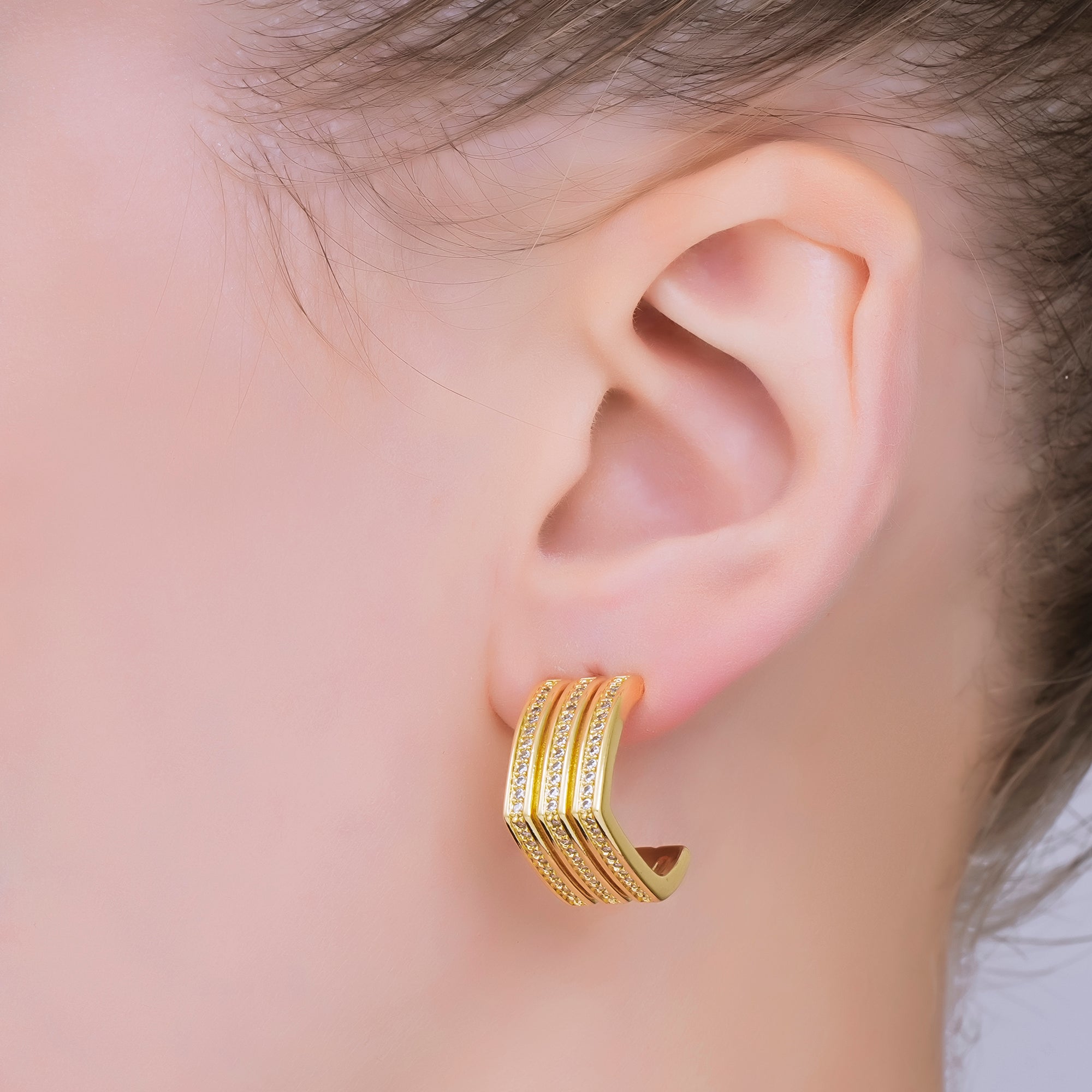 24K Gold Filled Triple Layered Micro Paved CZ Sharp Textures C-Hoops Earrings | AB1562