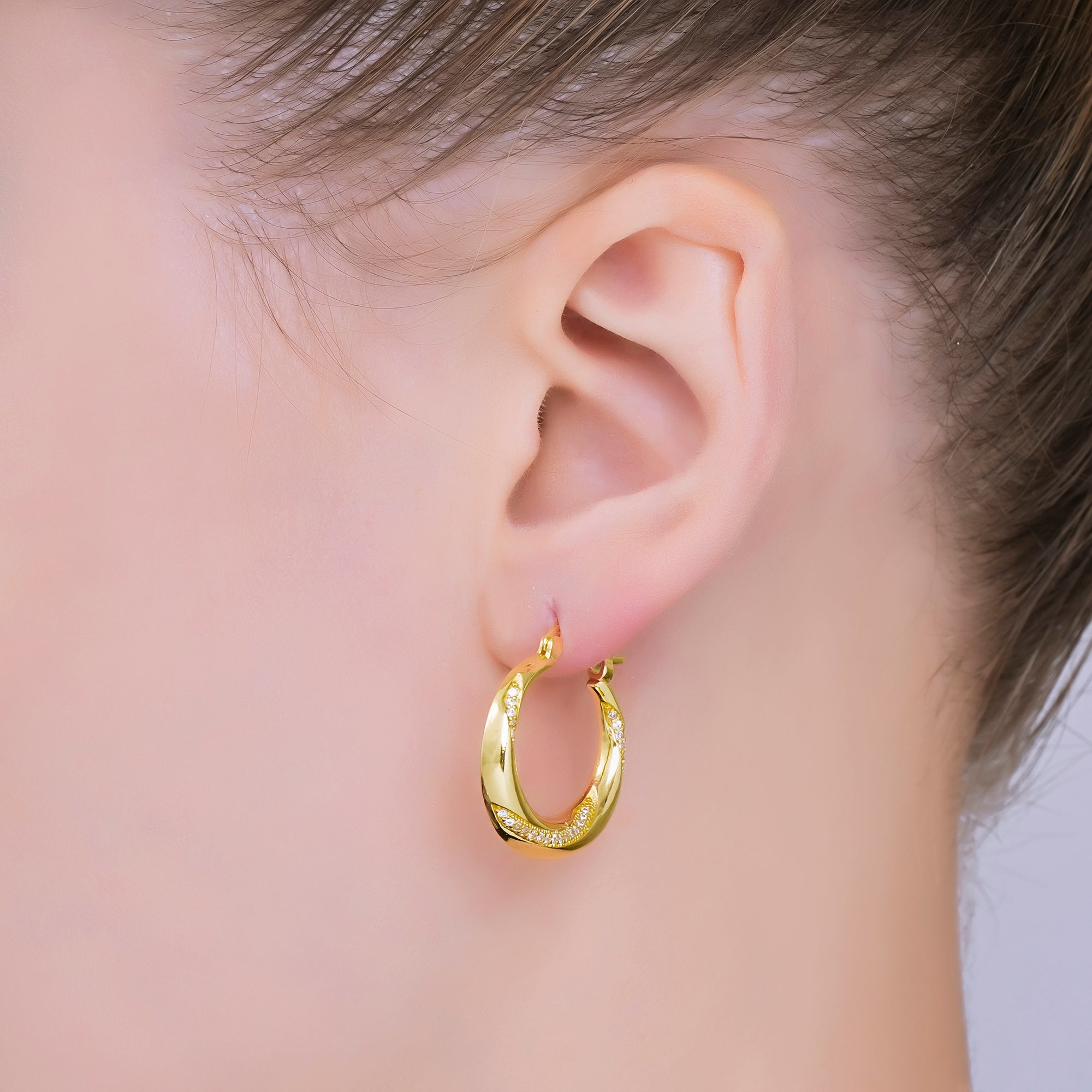24K Gold Filled Micro Paved CZ Twisted Dome French Lock Latch Hoop Earrings | AB1593