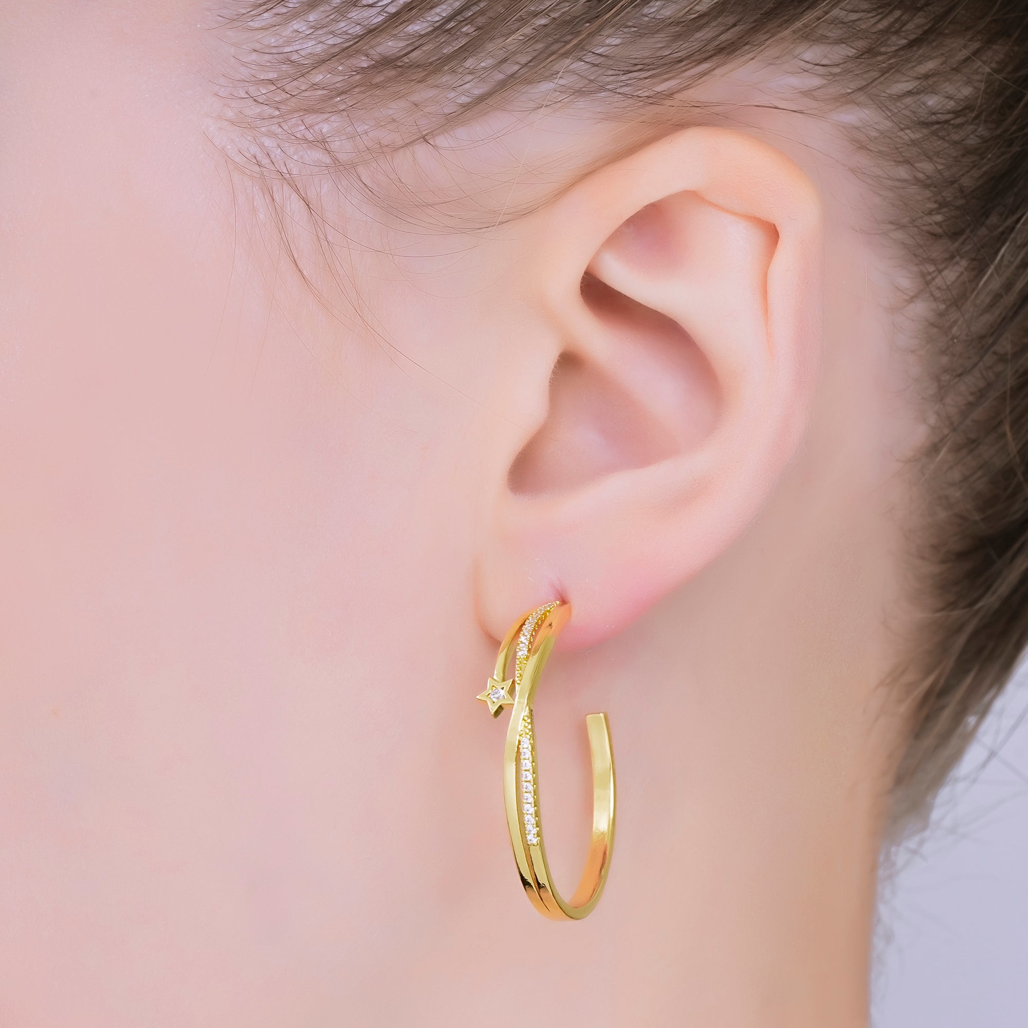 24K Gold Filled Micro Paved CZ Shooting Star C-Shaped Hoop Earrings | AB1592