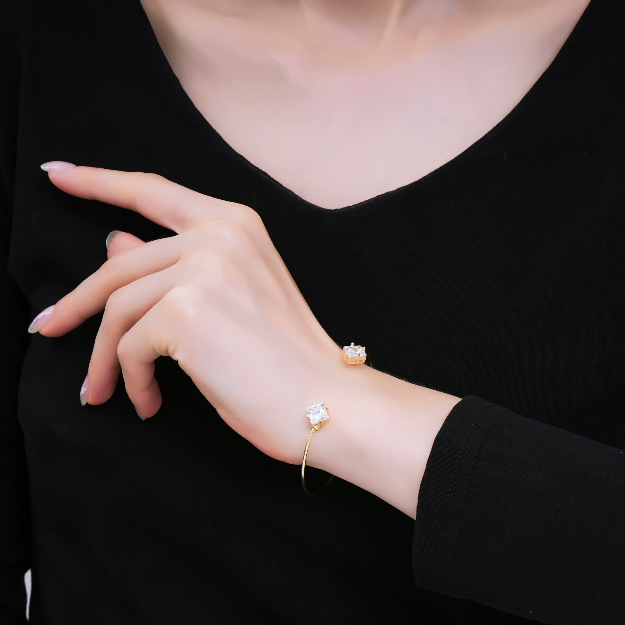 24K Gold Filled Twin Rhombus CZ Minimalist Cuff Bracelet | WA-3347