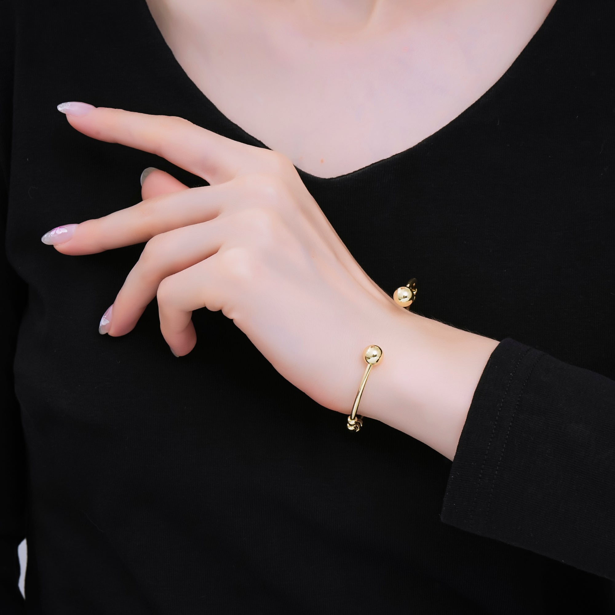 Stainless Steel Double Round Beads Orb Simple Round Cuff Bangle Bracelet WA-03409