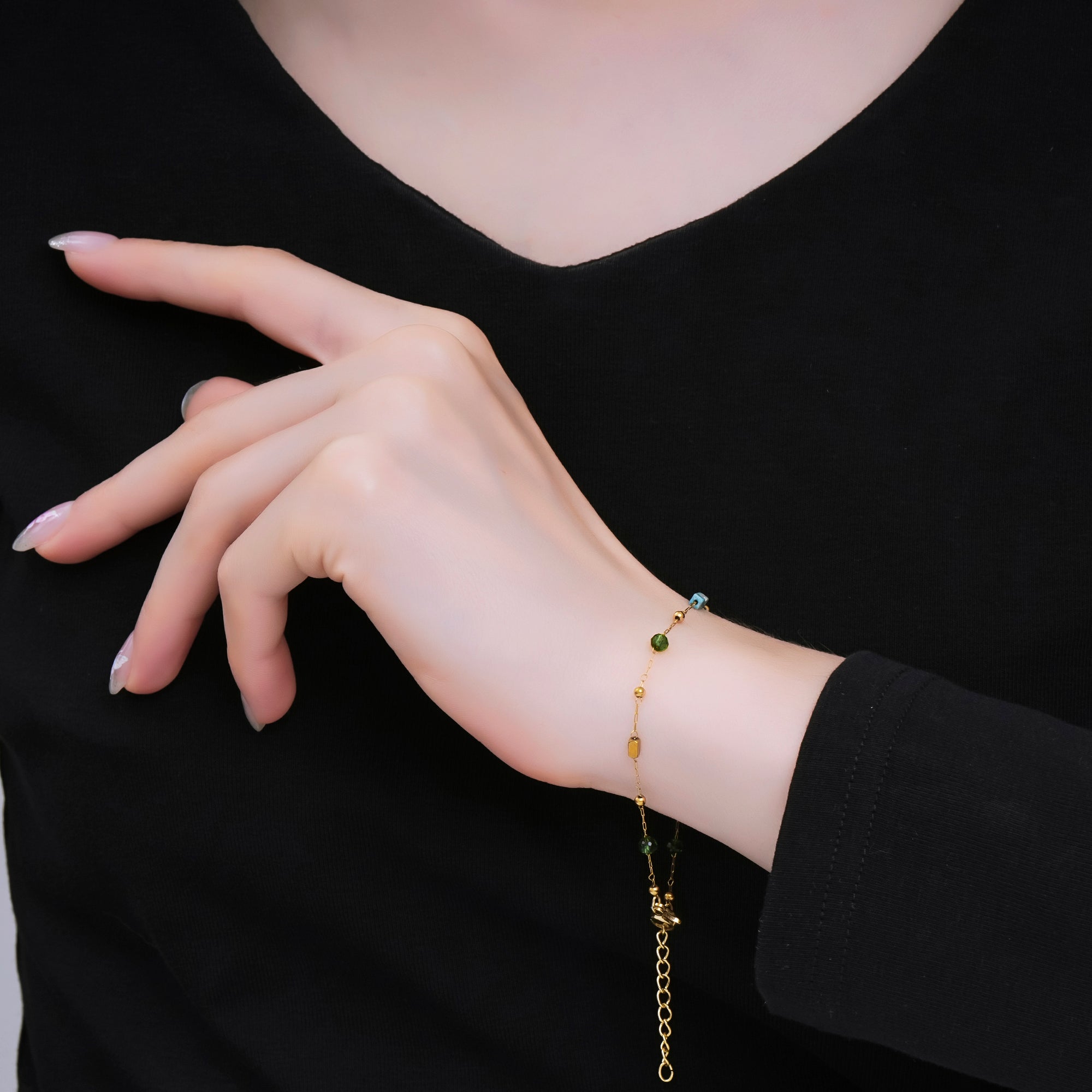 Gold Stainless Steel 2.3mm Green, Mint Green Satellite 7 Inches Glass Beads Bracelet | WA-1371