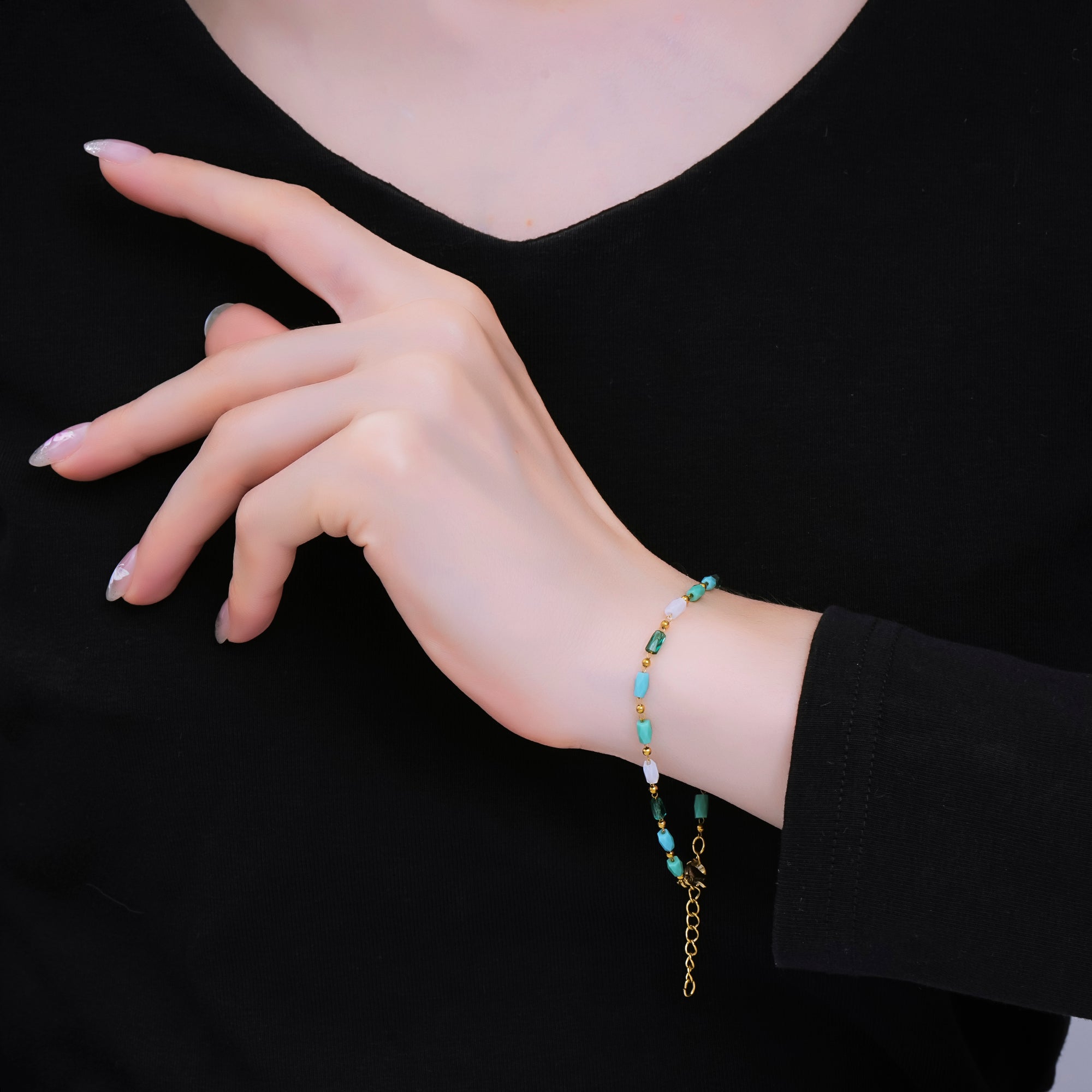 Gold Stainless Steel 1.9mm Blue, White, Teal Minimalist 7 Inches Glass Beads Bracelet | WA-1376