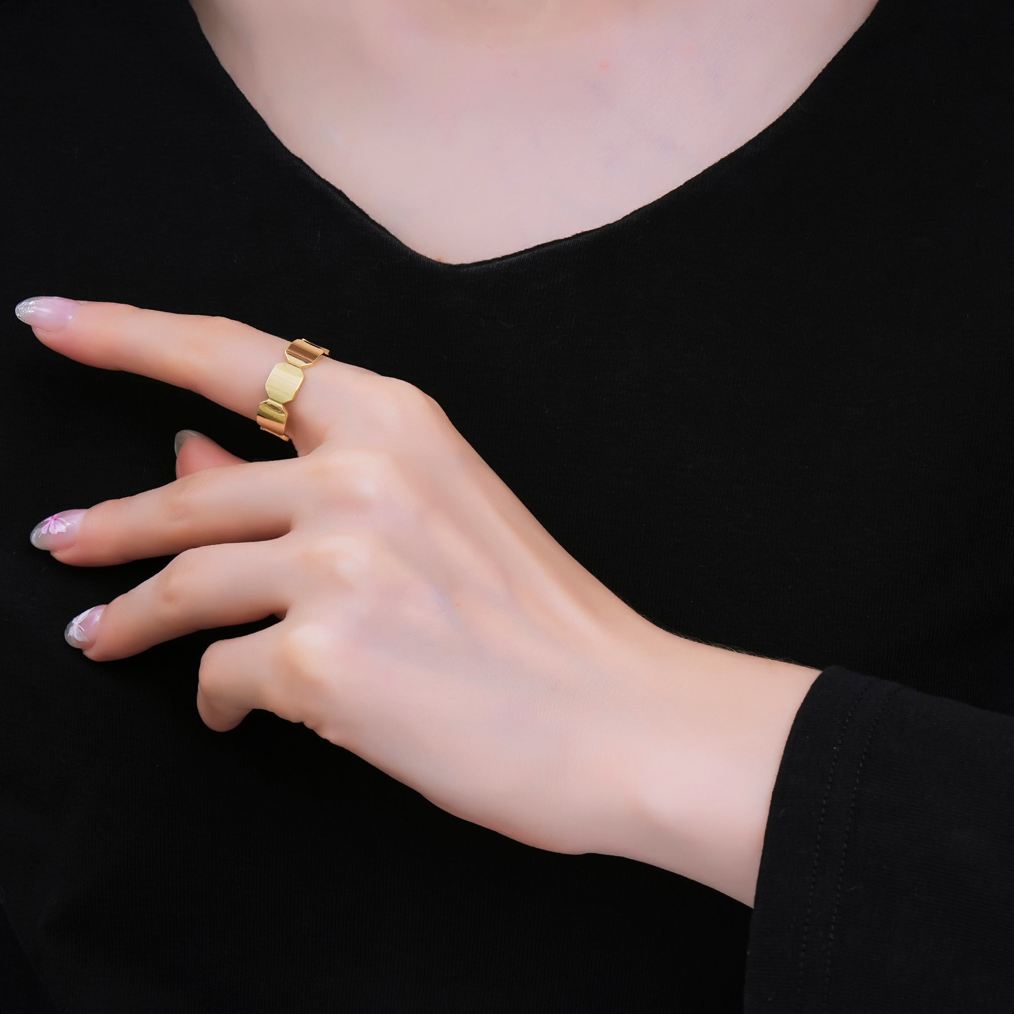 24K Gold Filled Block Link Minimalist Adjustable Open Ring | O1473
