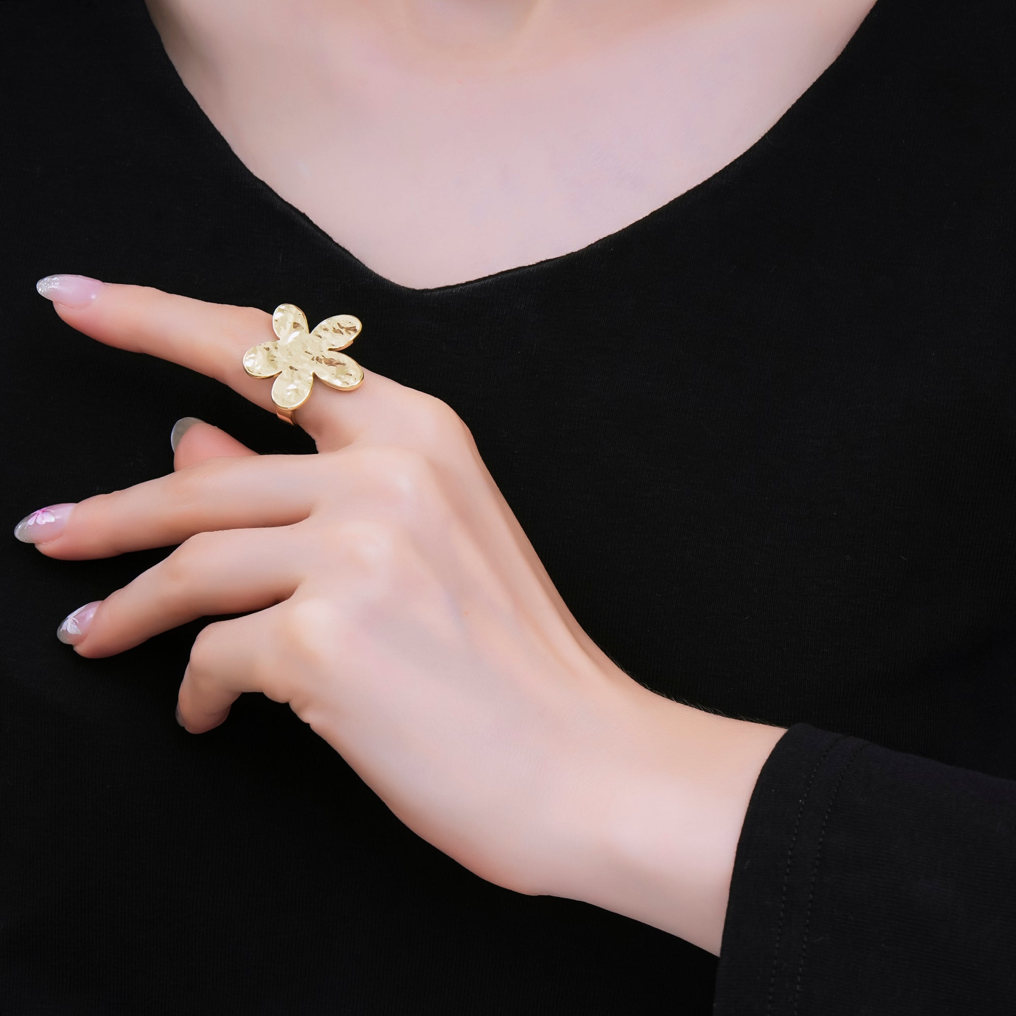 24K Gold Filled Hammered Blooming Flower Adjustable Open Ring | O1471