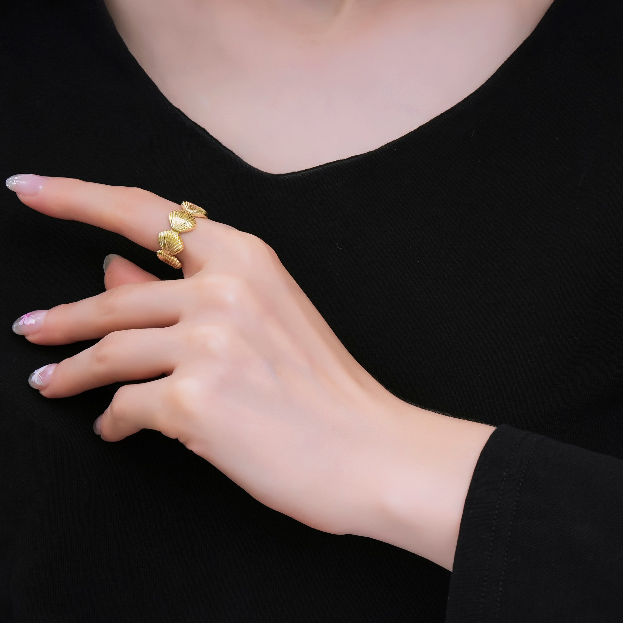 24K Gold Filled Linked Sea Clam Shell Adjustable Open Ring | O1462