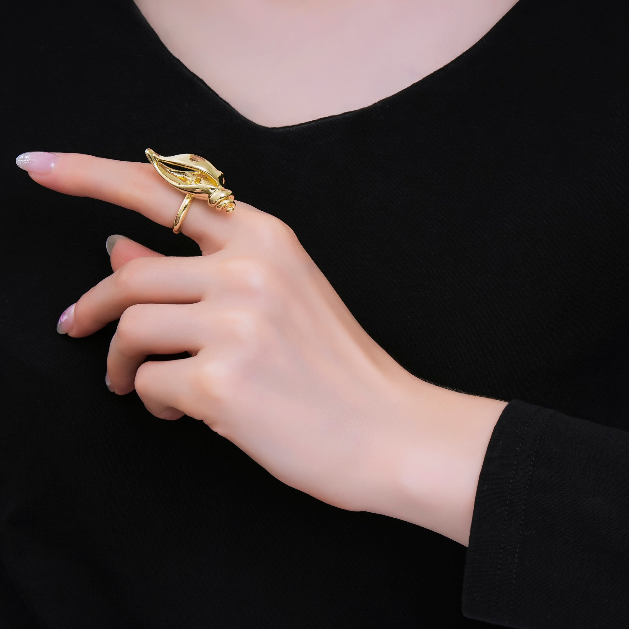 24K Gold Filled Nautical Conch Shell Statement Adjustable Open Ring | O1467