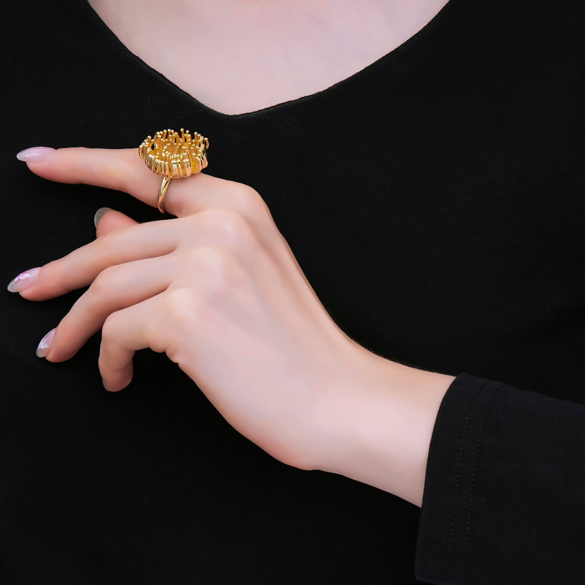 24K Gold Filled Blooming Protea Flower Adjustable Open Ring | O1475