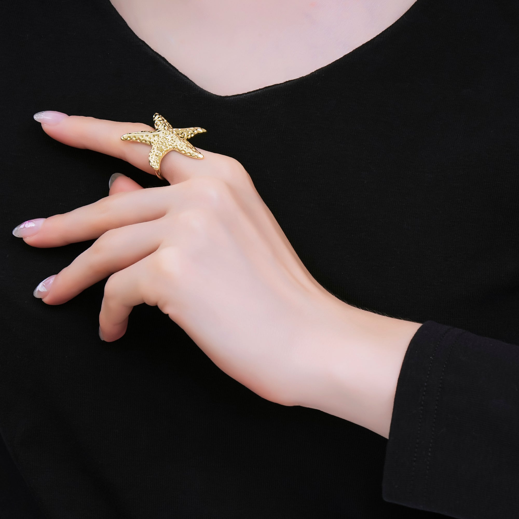 24K Gold Filled Realistic Dotted Sea Starfish Adjustable Open Ring | O1465