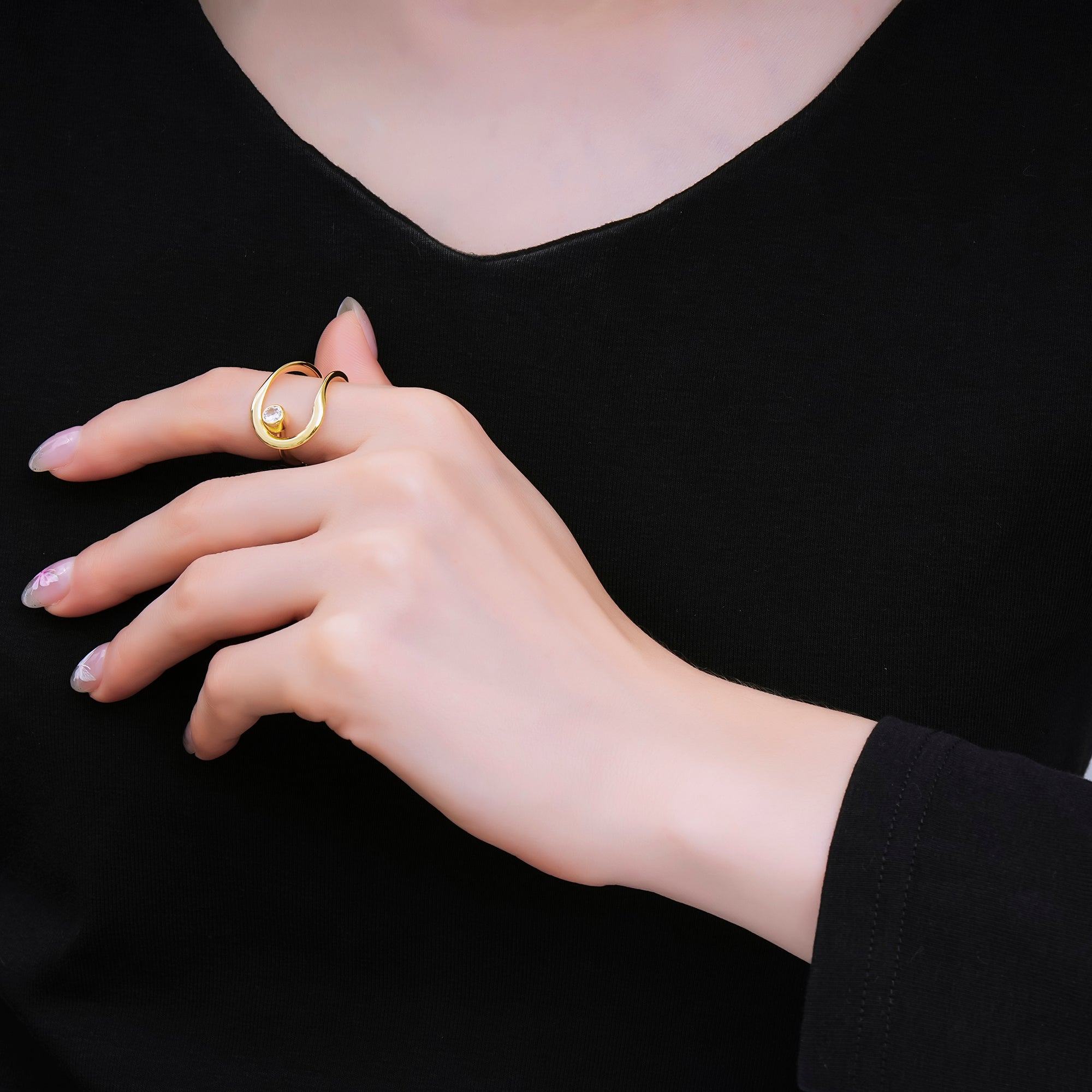 24K Gold Filled Clear CZ Geometric Molten Open Double Band Ring | O1988