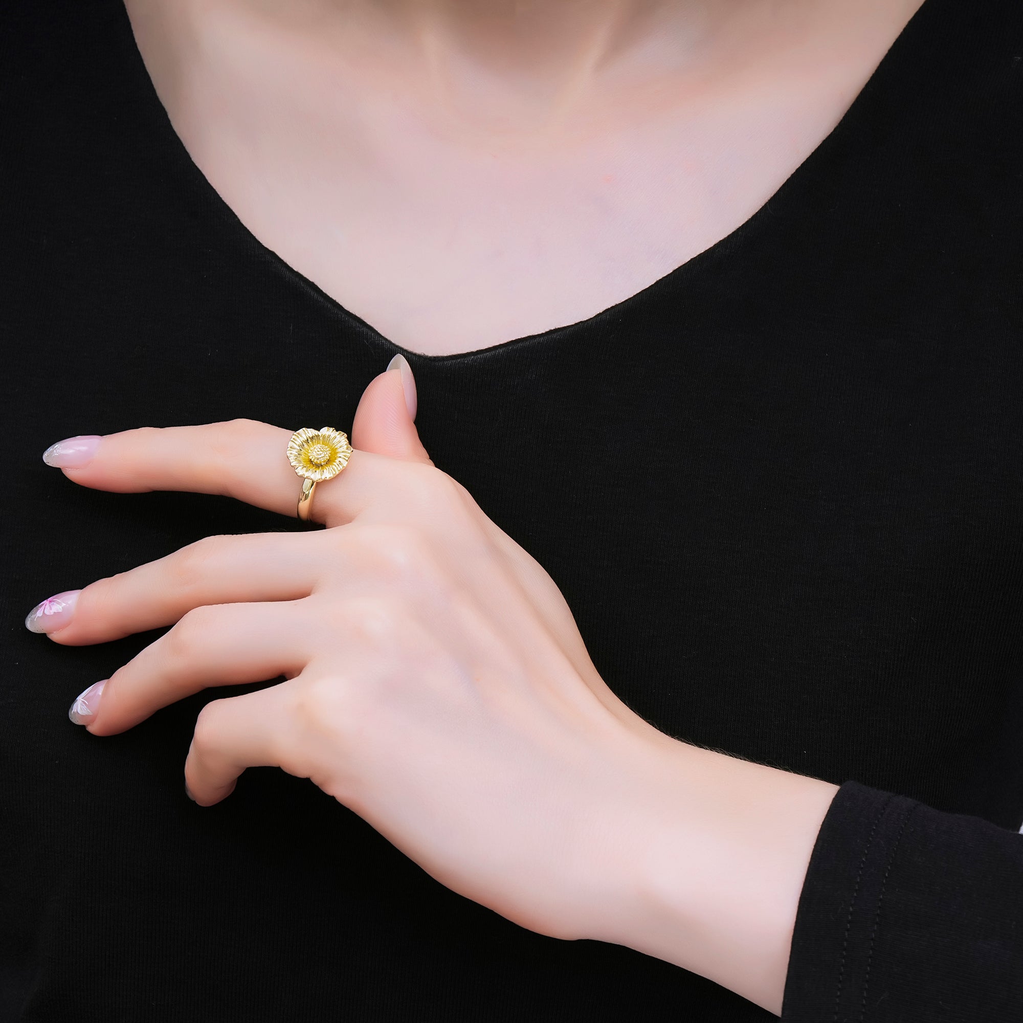 24K Gold Filled Sunflower Blossom Floral Solitaire Ring | O1613 O1619