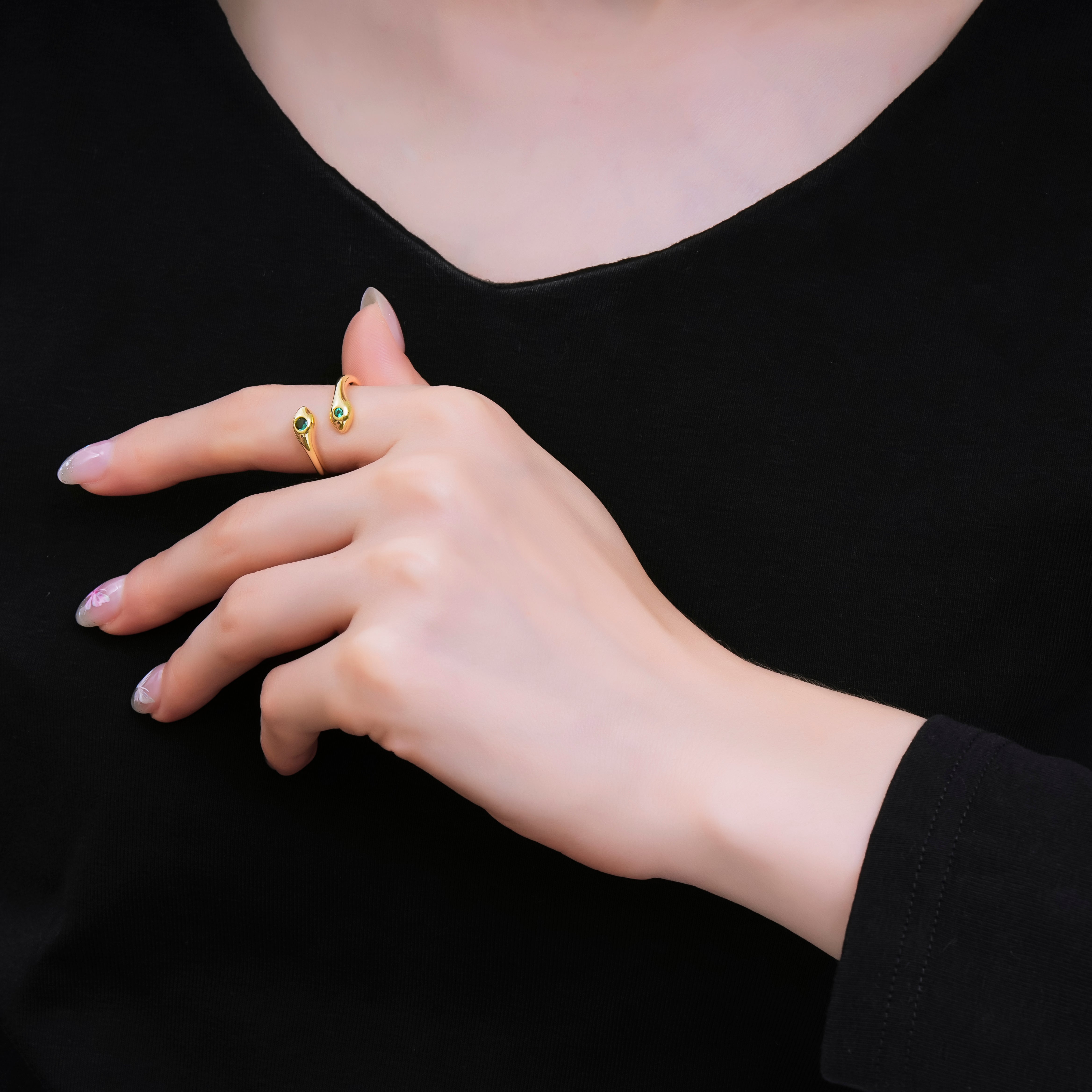 24K Gold Filled Green Round CZ Double Head Snake Adjustable Ring | O1175