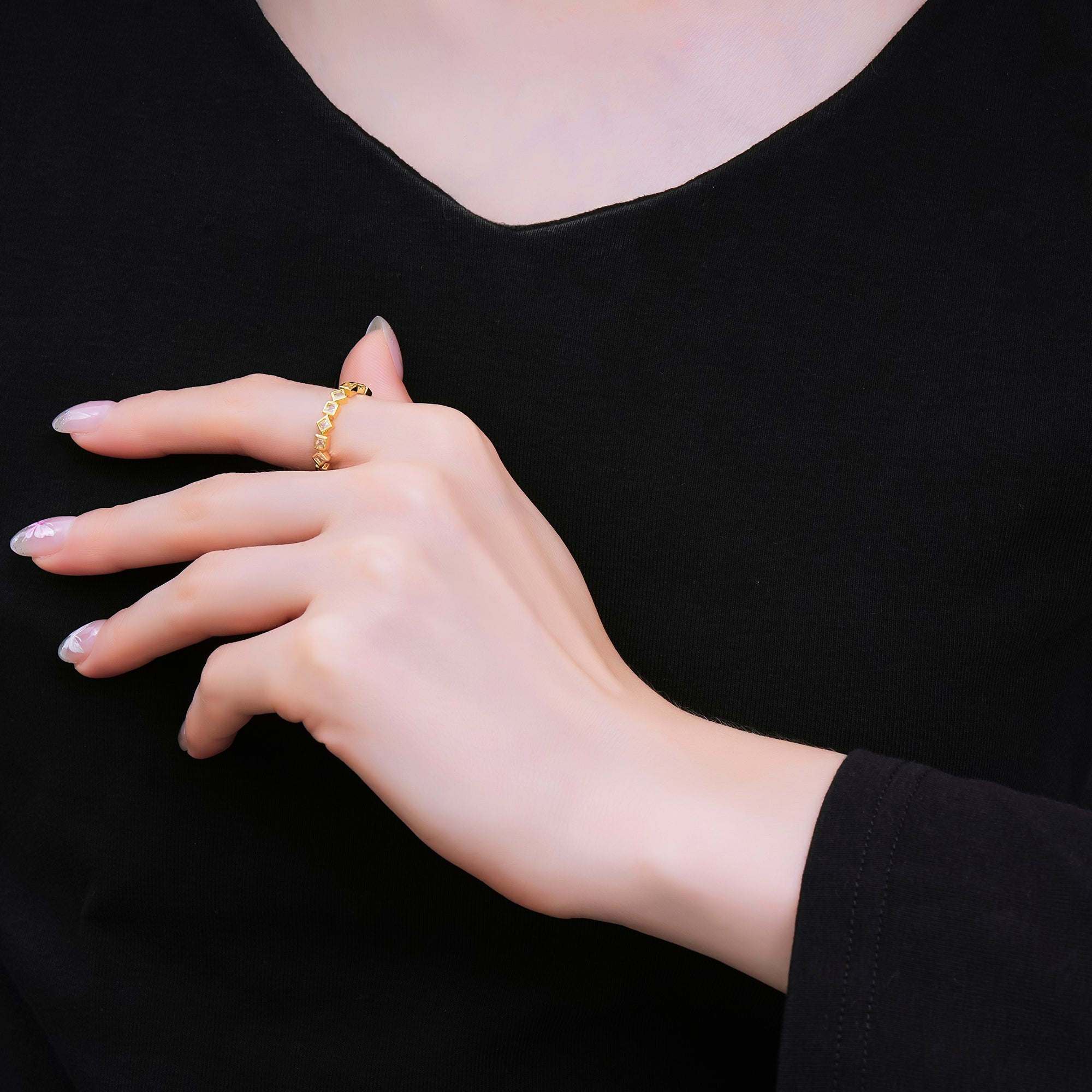 24K Gold Filled Rhombus, Square CZ Geometrical Pattern Adjustable Open Ring | O1182