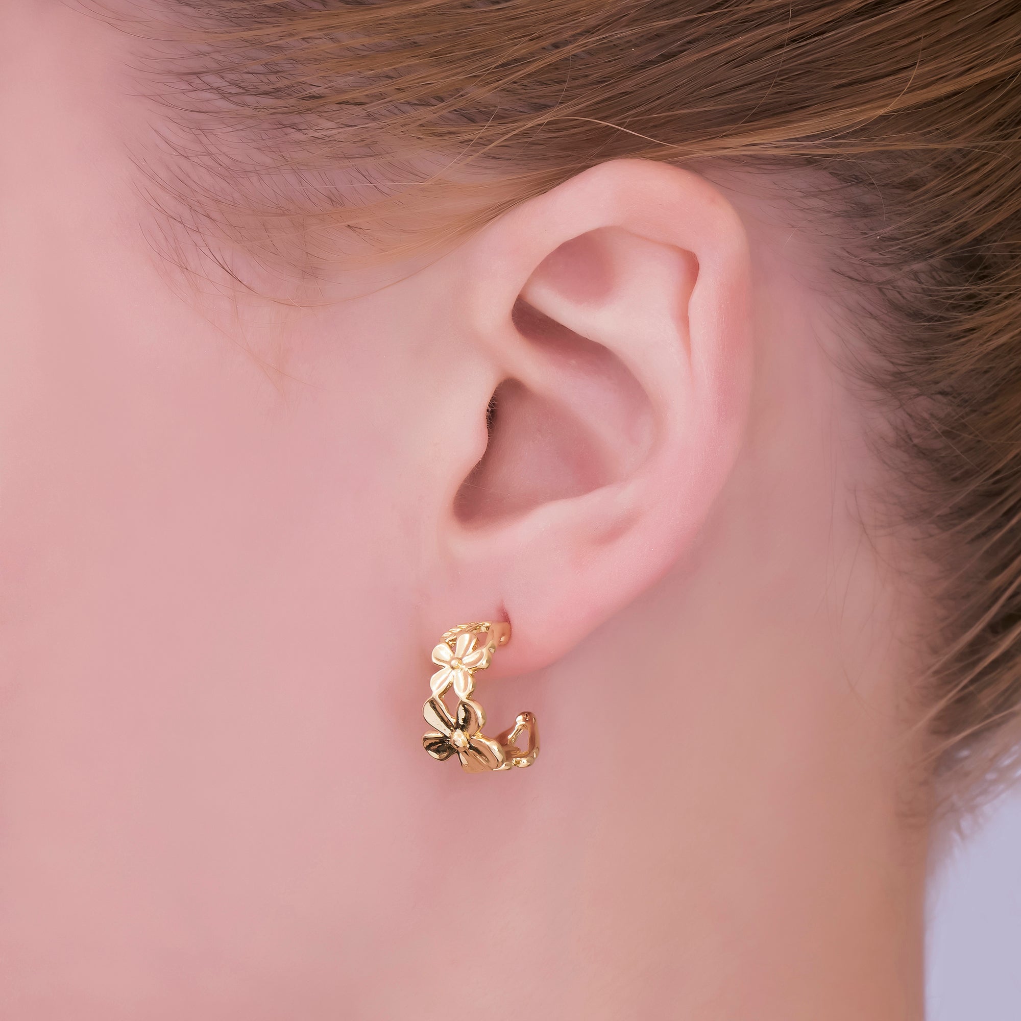 24K Gold Filled Flower Linked Garden C-Shaped Stud Earrings | AJ-083