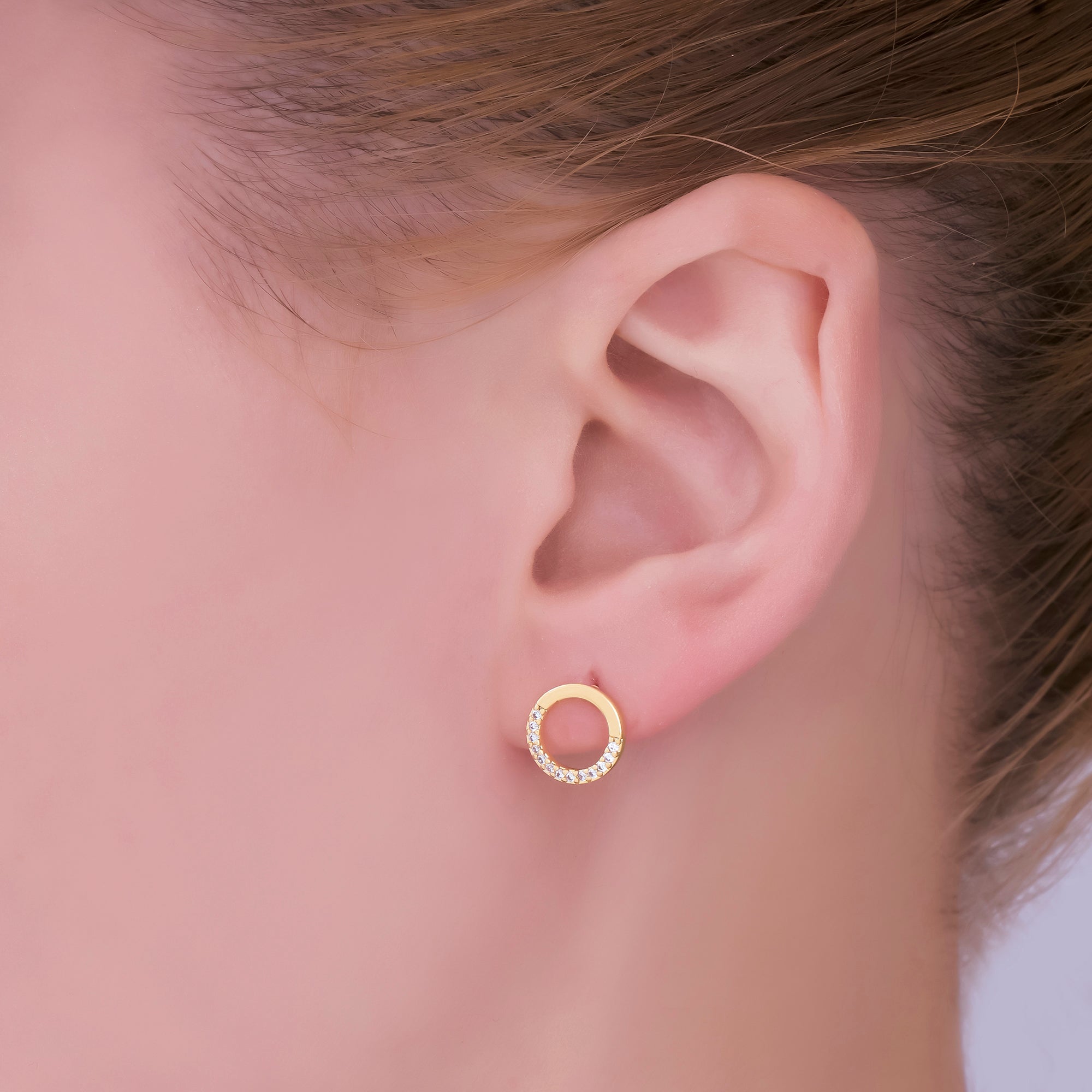 24K Gold Filled 9.5mm Micro Paved CZ Open Round Stud Earrings | AI463