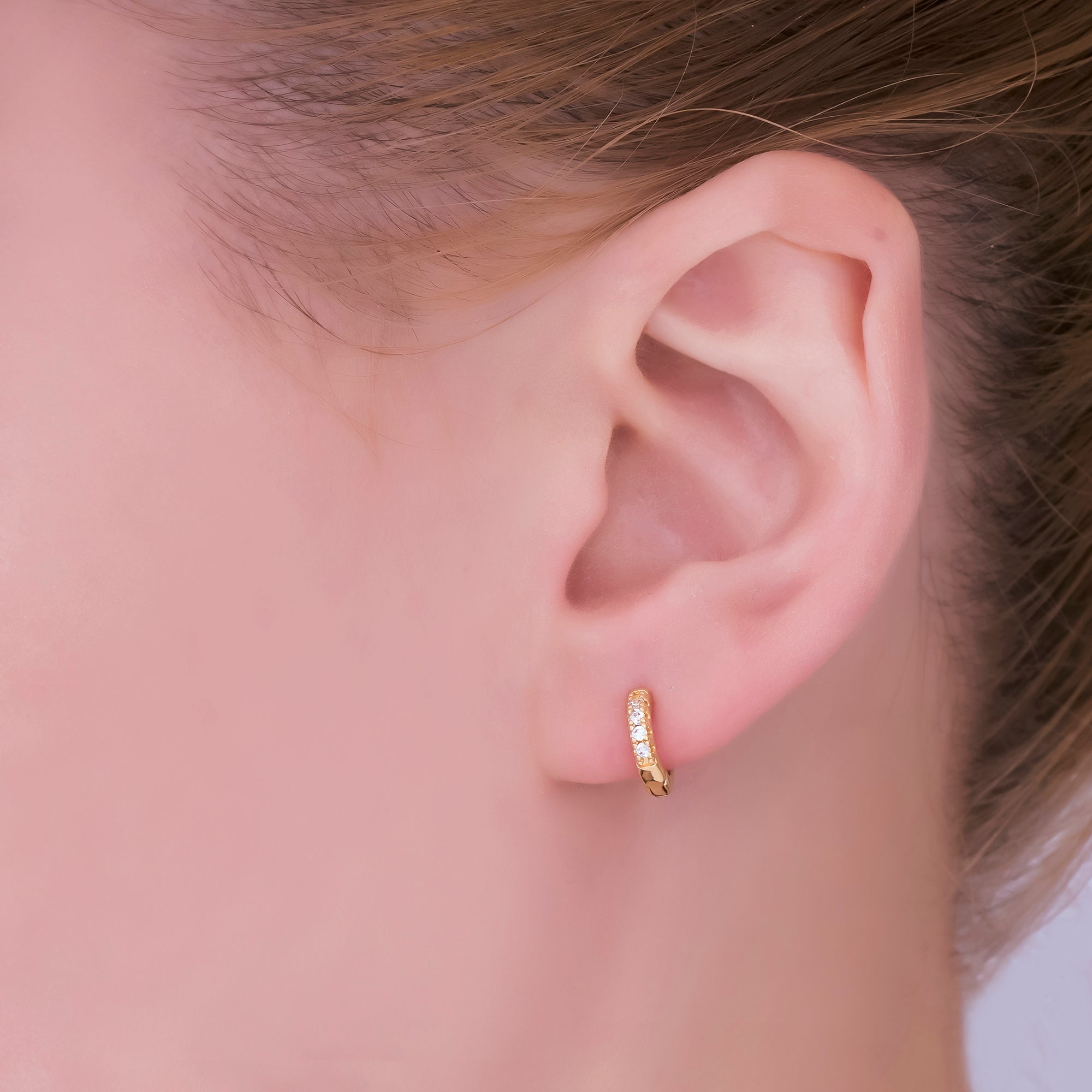 24K Gold Filled 10mm Clear CZ Micro Paved Lined Cartilage Huggie Earrings | AJ035