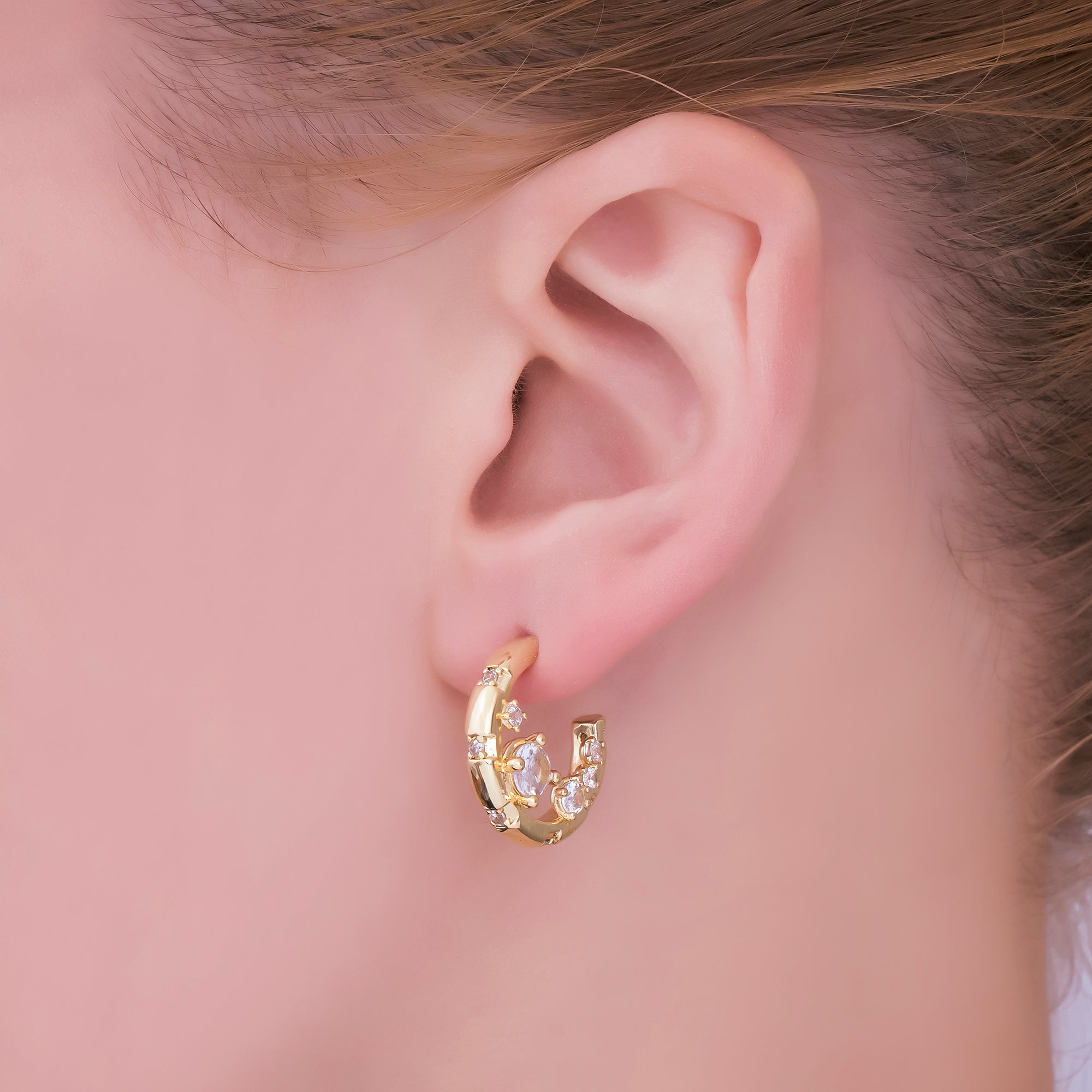 24K Gold Filled Micro Paved CZ Crescent C-Hoops Earrings in Gold & Silver | AJ-079 AJ-080