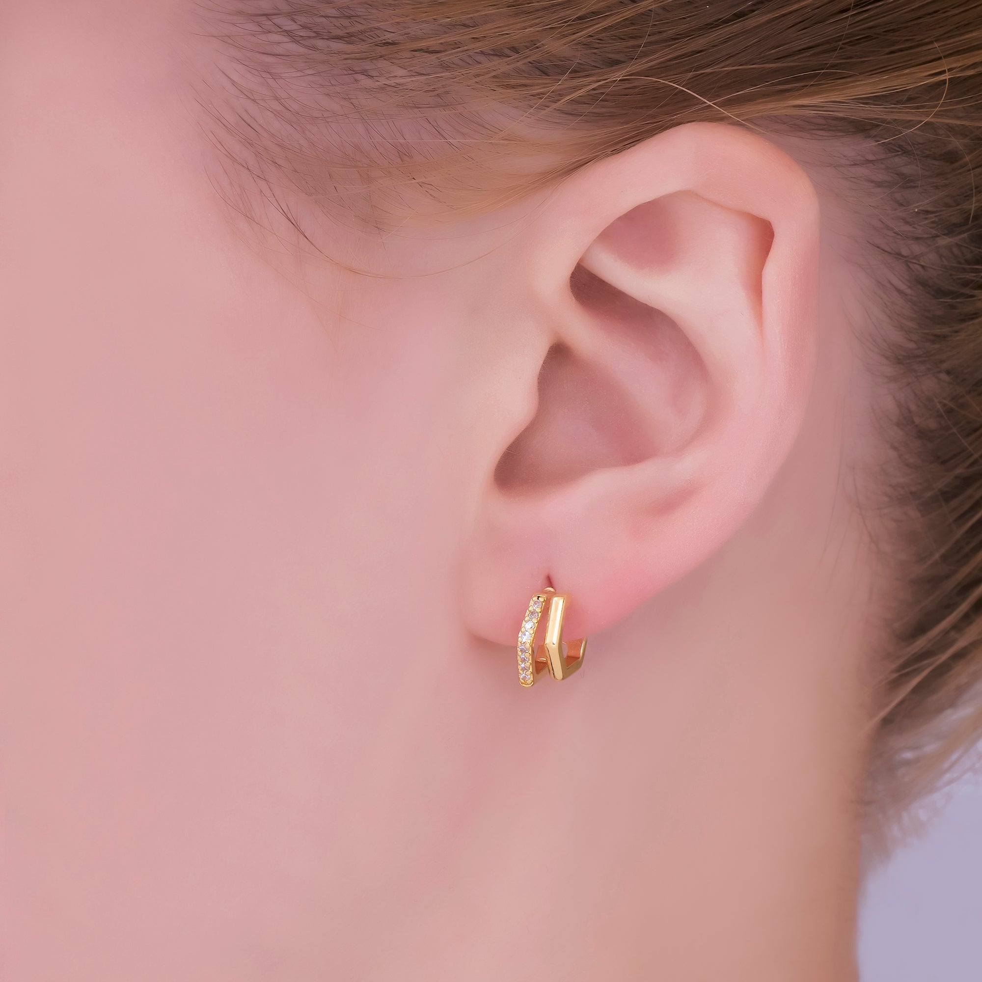 24K Gold Filled 10.5mm Micro Paved CZ Edged Claw Cartilage C-Shaped Hoops Earrings | AI462