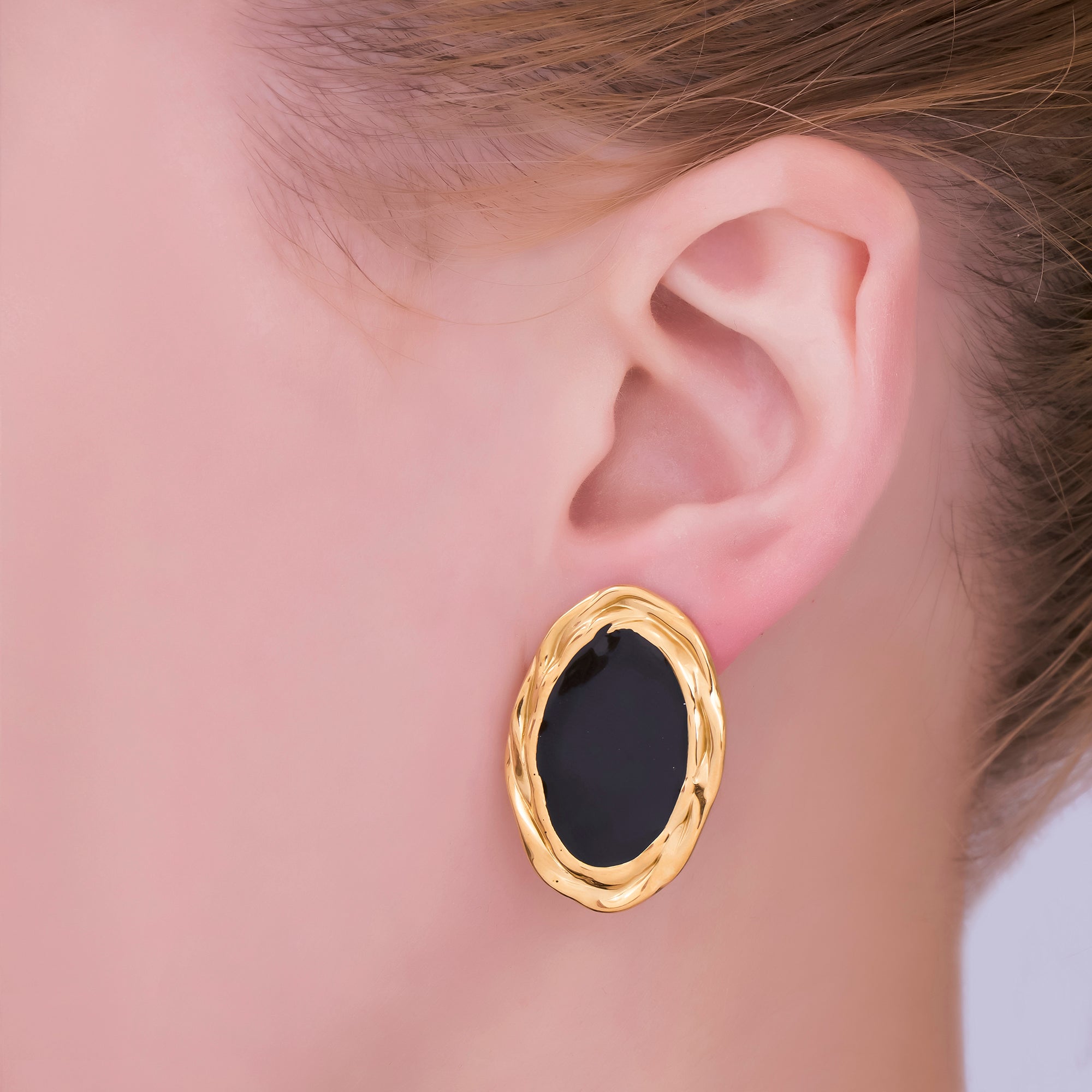 Gold & Silver Stainless Steel Black Enamel Oval Halo Void Stud Earrings | AJ091 AJ092