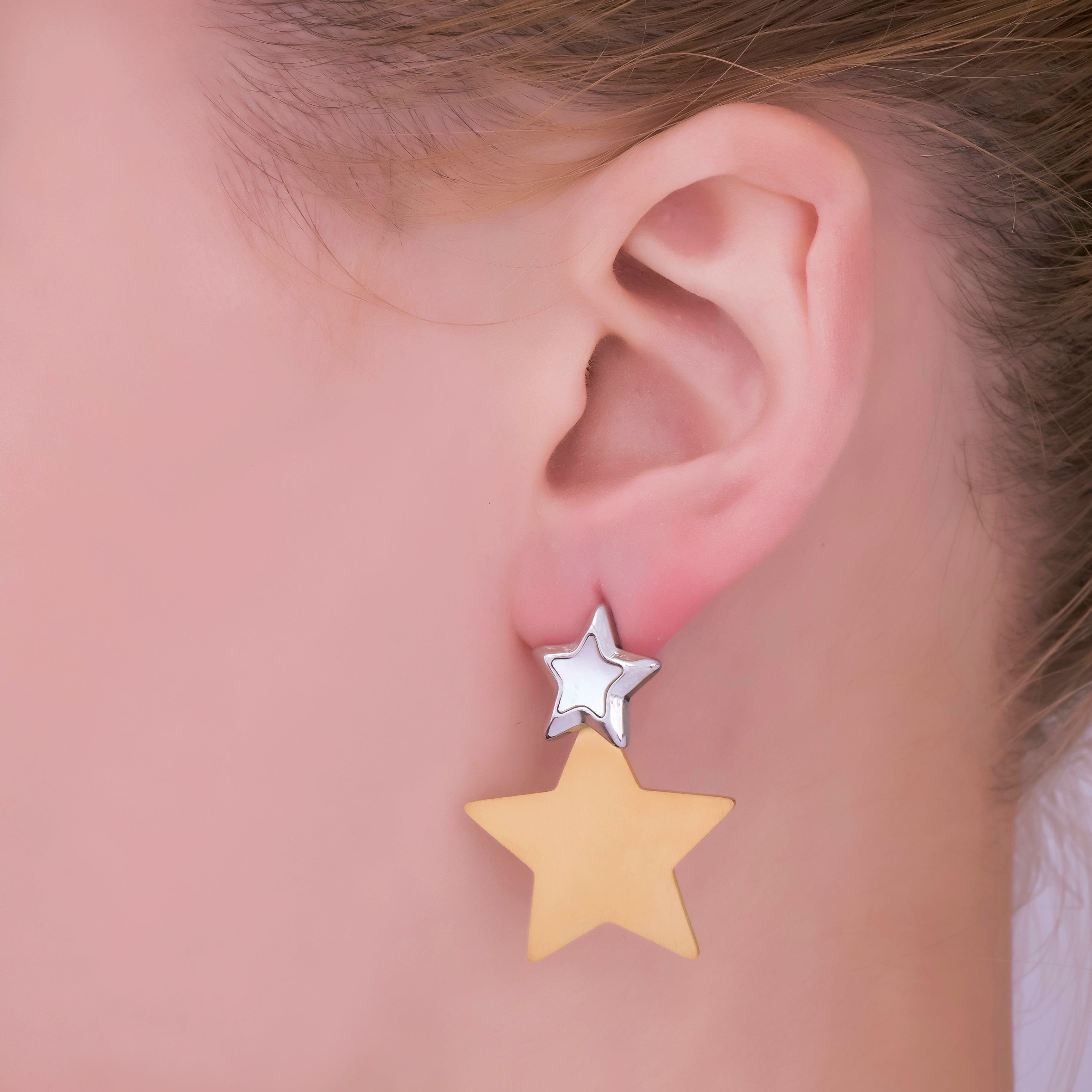 18K Gold PVD Stainless Steel 14mm Mixed Metal Celestial Star Drop Stud Earrings | AJ021