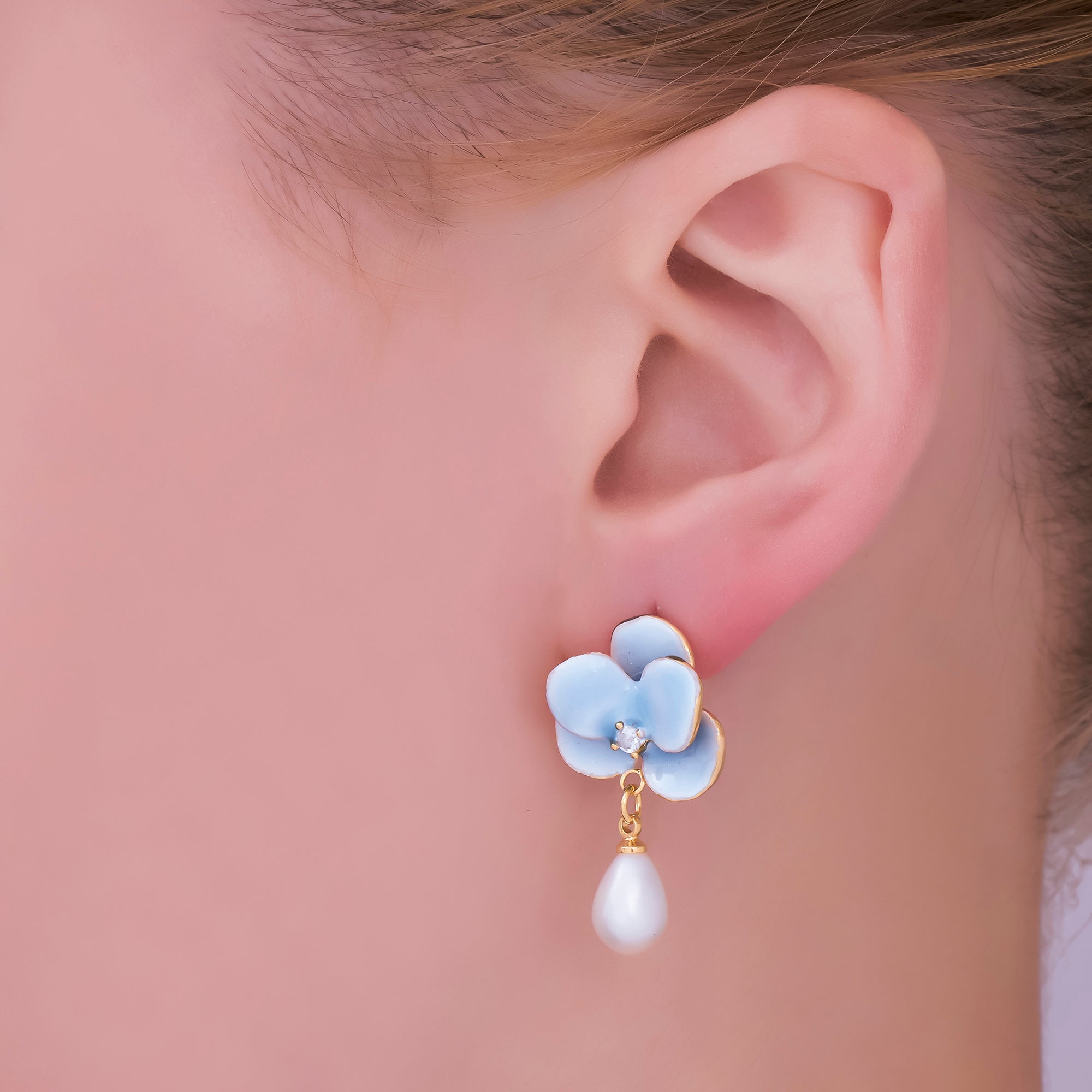 24K Gold Filled Round CZ Enamel Art Sky Blue Orchid Flower Shell Pearl Drop Stud Earrings in Gold & Silver | AJ-106 AJ-107