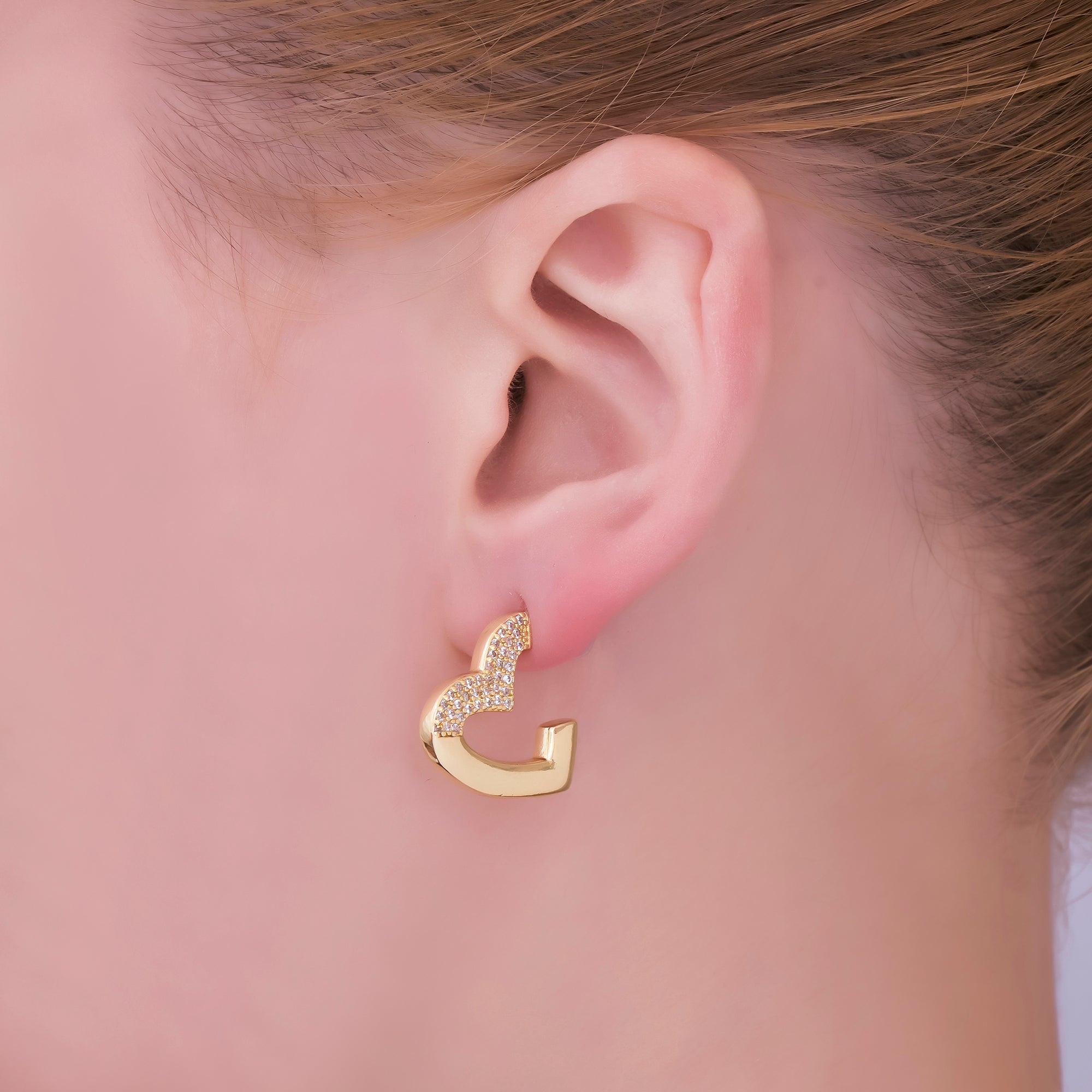24K Gold Filled Micro Paved CZ Incomplete Love Drop Stud Earrings | AJ-049