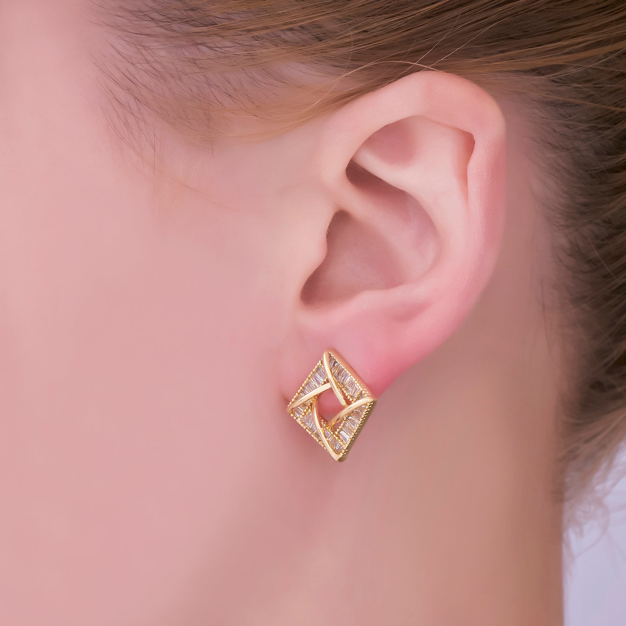 24K Gold Filled Baguette CZ Geometric Square Stud Earrings | AJ-044