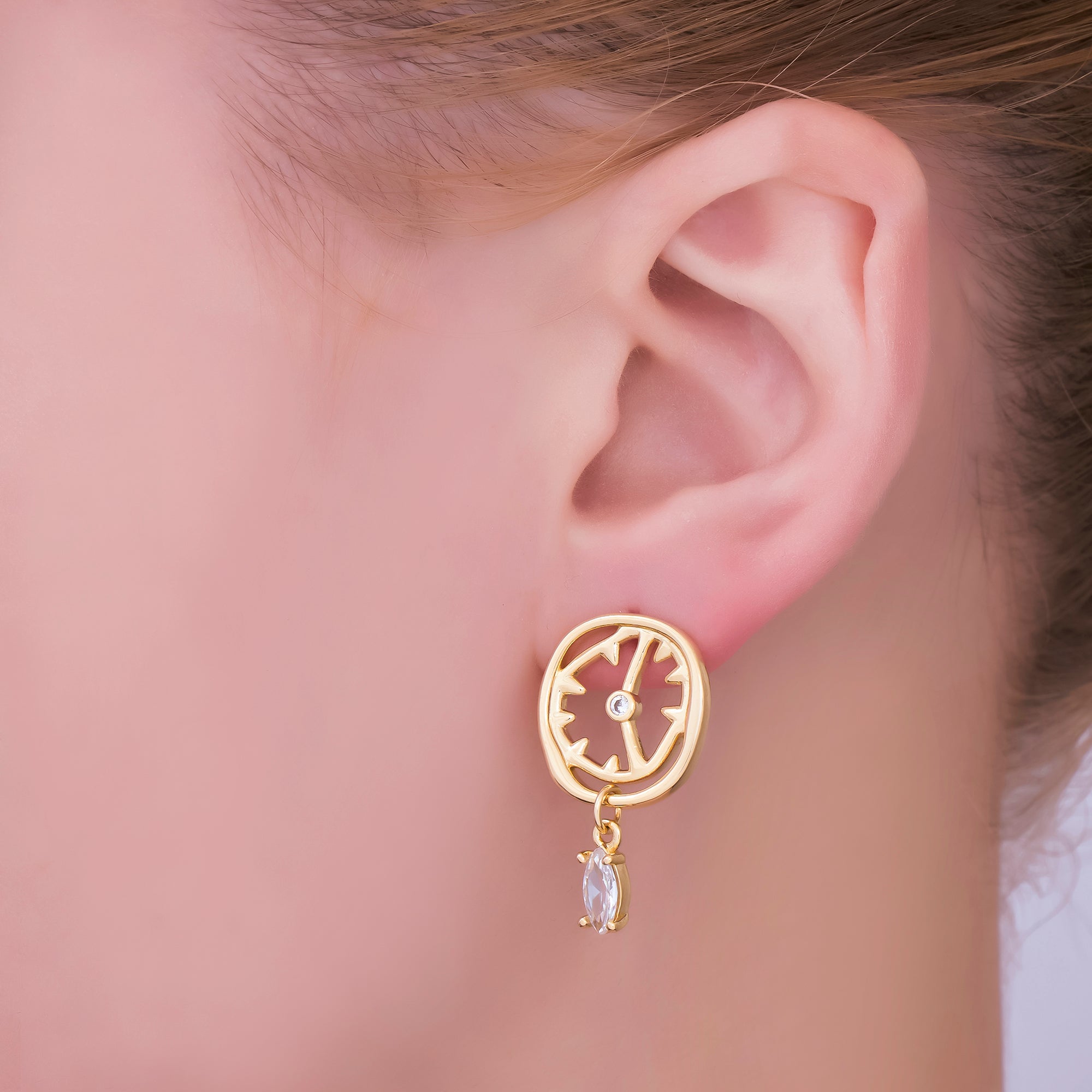 24K Gold Filled Marquise CZ Broken Clock Drop Stud Earrings | AJ-046