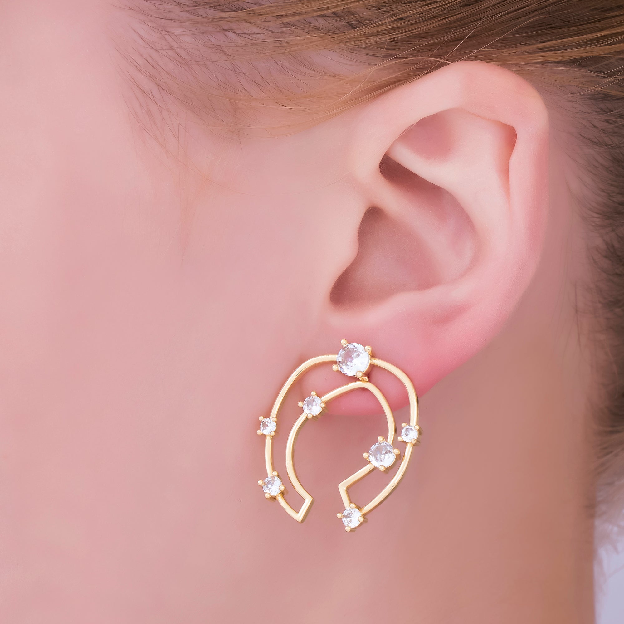 24K Gold Filled Micro Paved CZ Stars Orbit Drop Stud Earrings | AJ-047