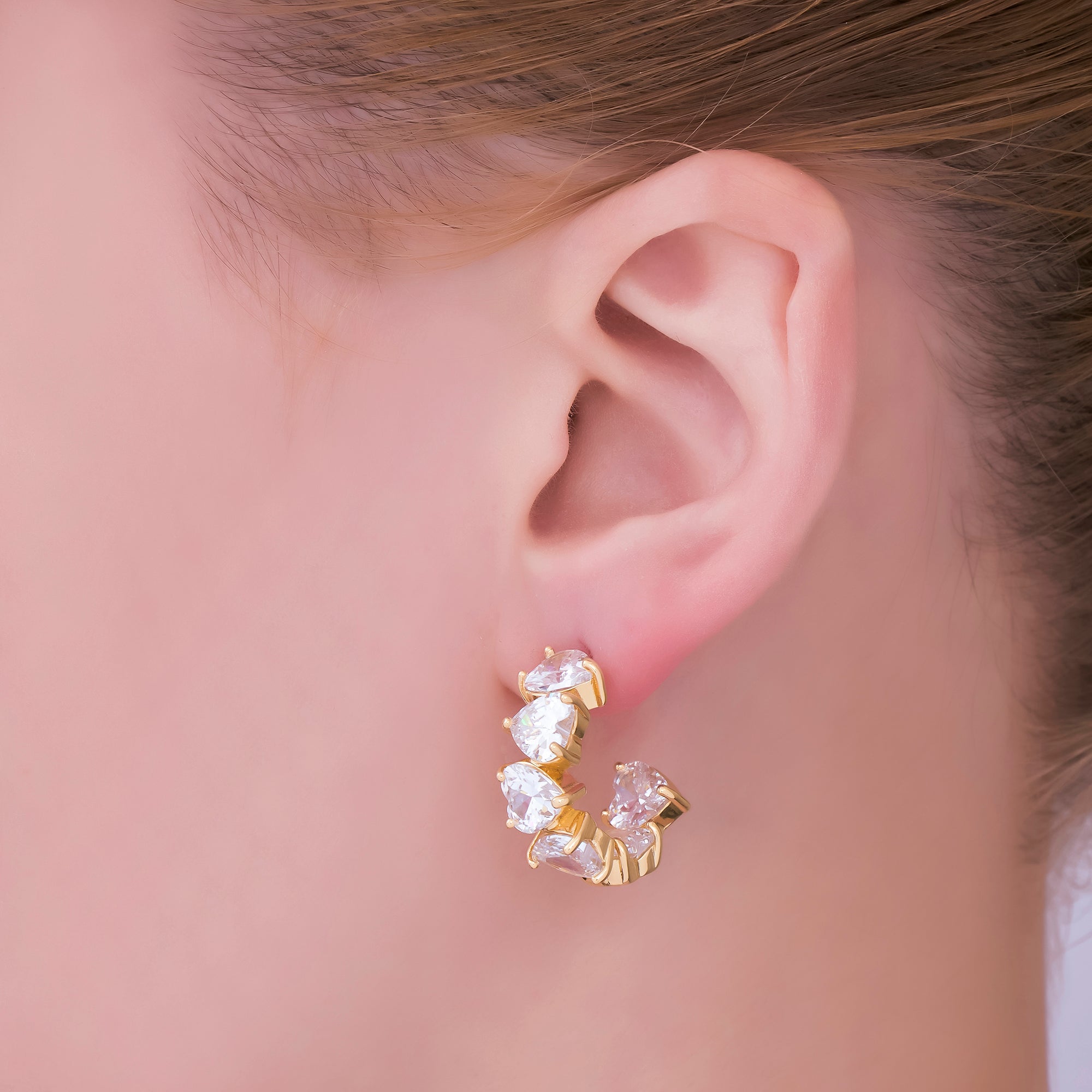 24K Gold Filled Heart-Shaped CZ Dainty C-Shaped Hoops Earrings | AJ-045
