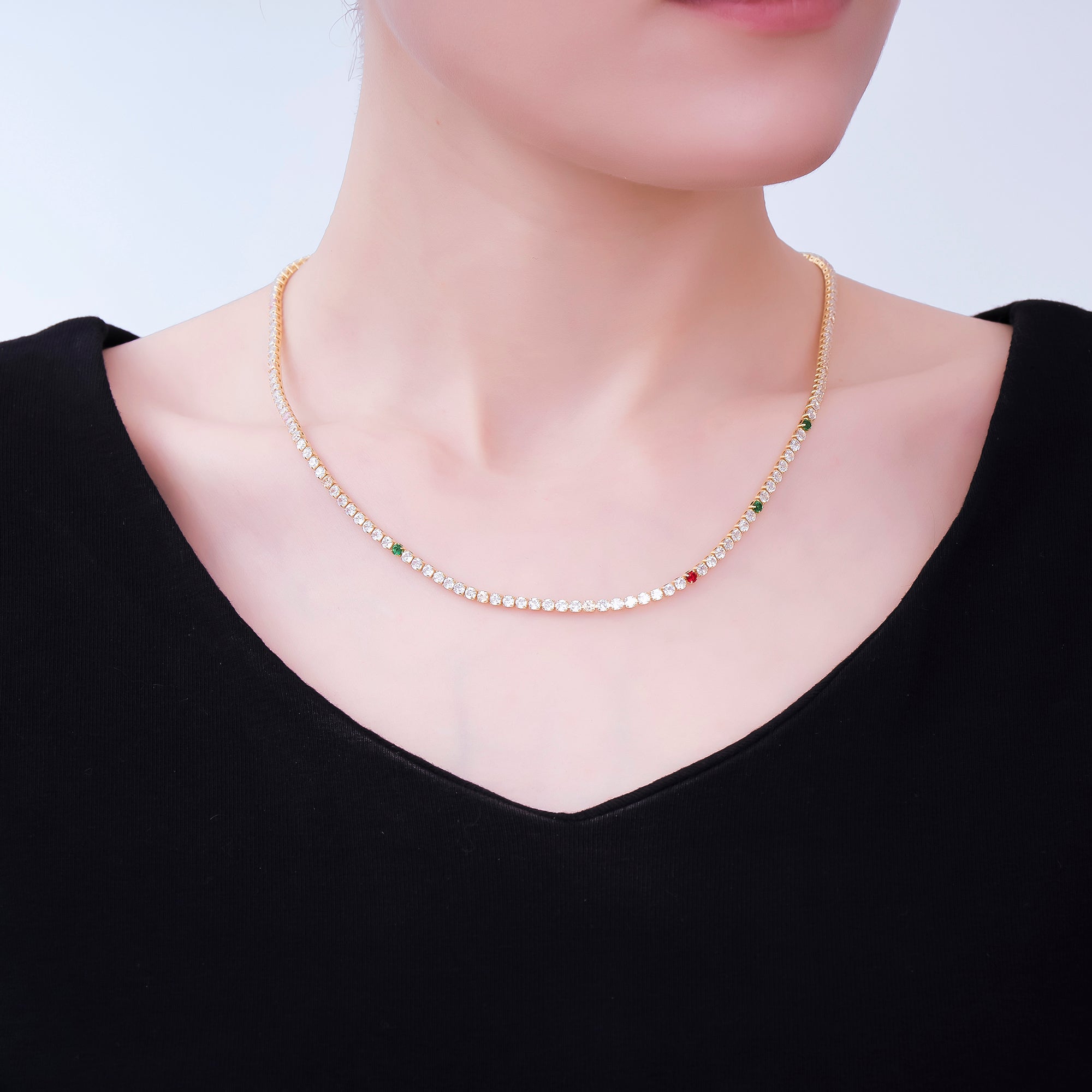 24K Gold Filled 2.5mm Clear, Red, Green Round CZ Classic Tennis Chain 18 Inch Necklace | WA-3808