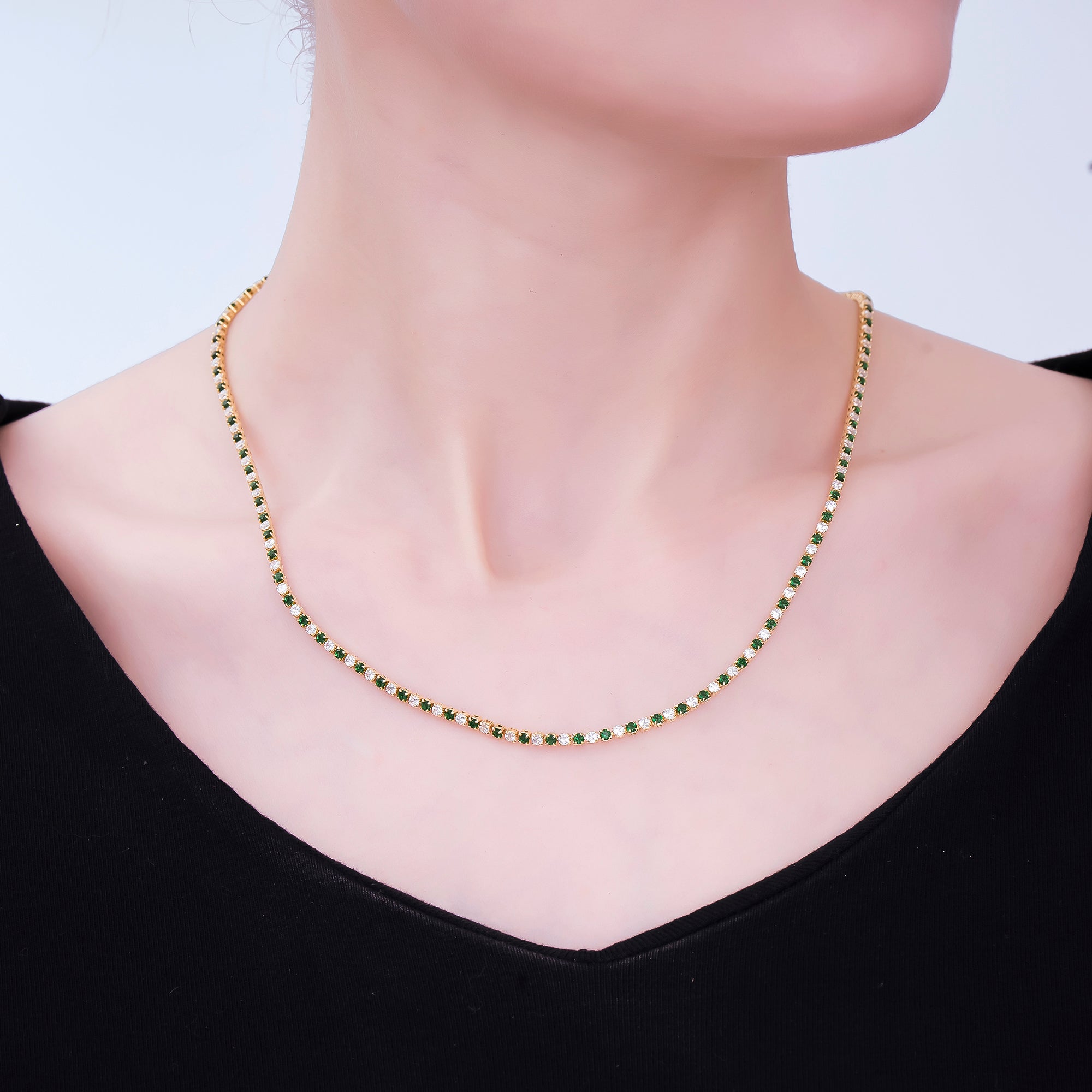 24K Gold Filled 2.2mm Green, Blue Round CZ Alternating Two Colors Tennis Chain 16 Inch Necklace with Extender | WA-3810 - WA-3811