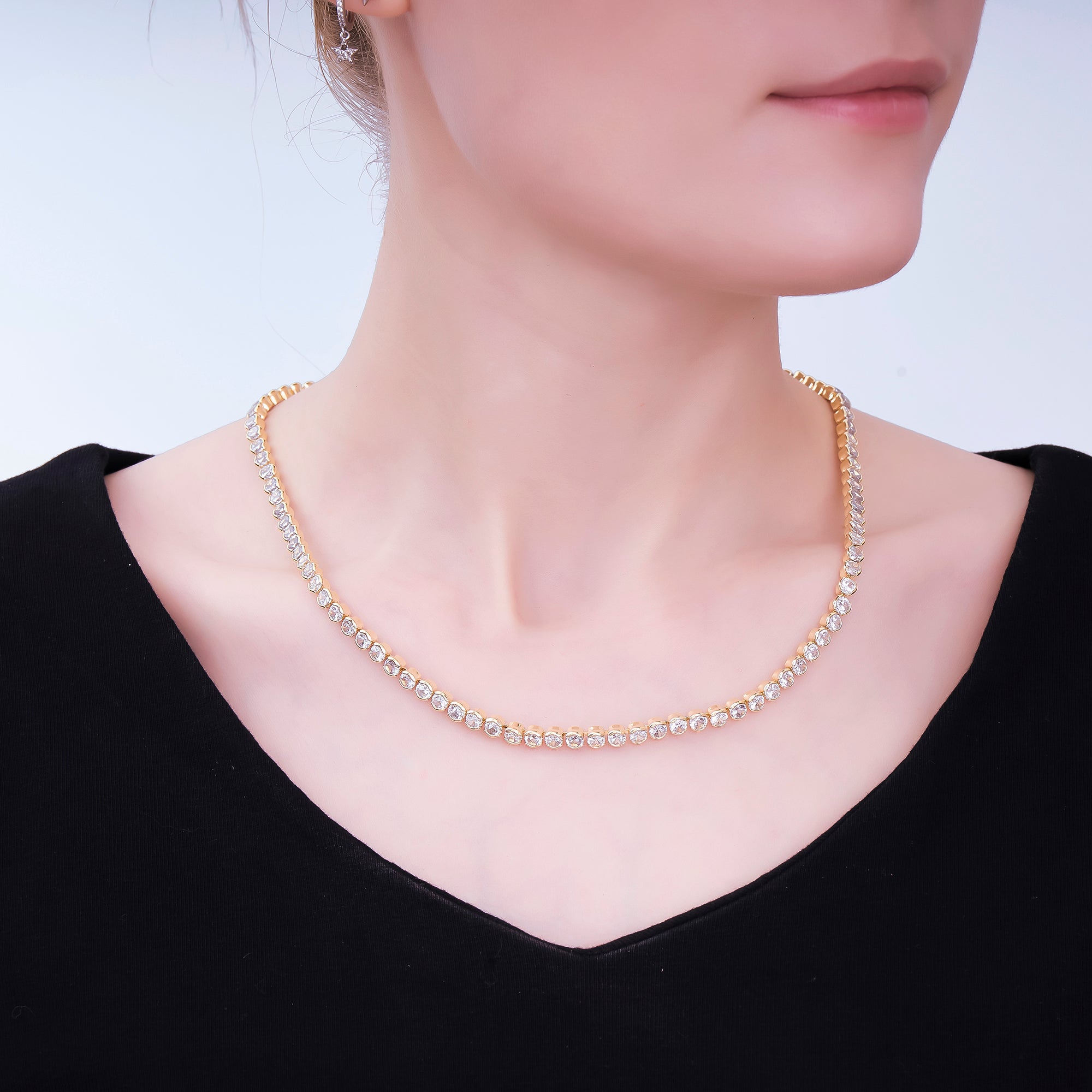 24K Gold Filled Clear Round CZ Box Clasp Tennis Necklace 18.81 Inch | WA-3406