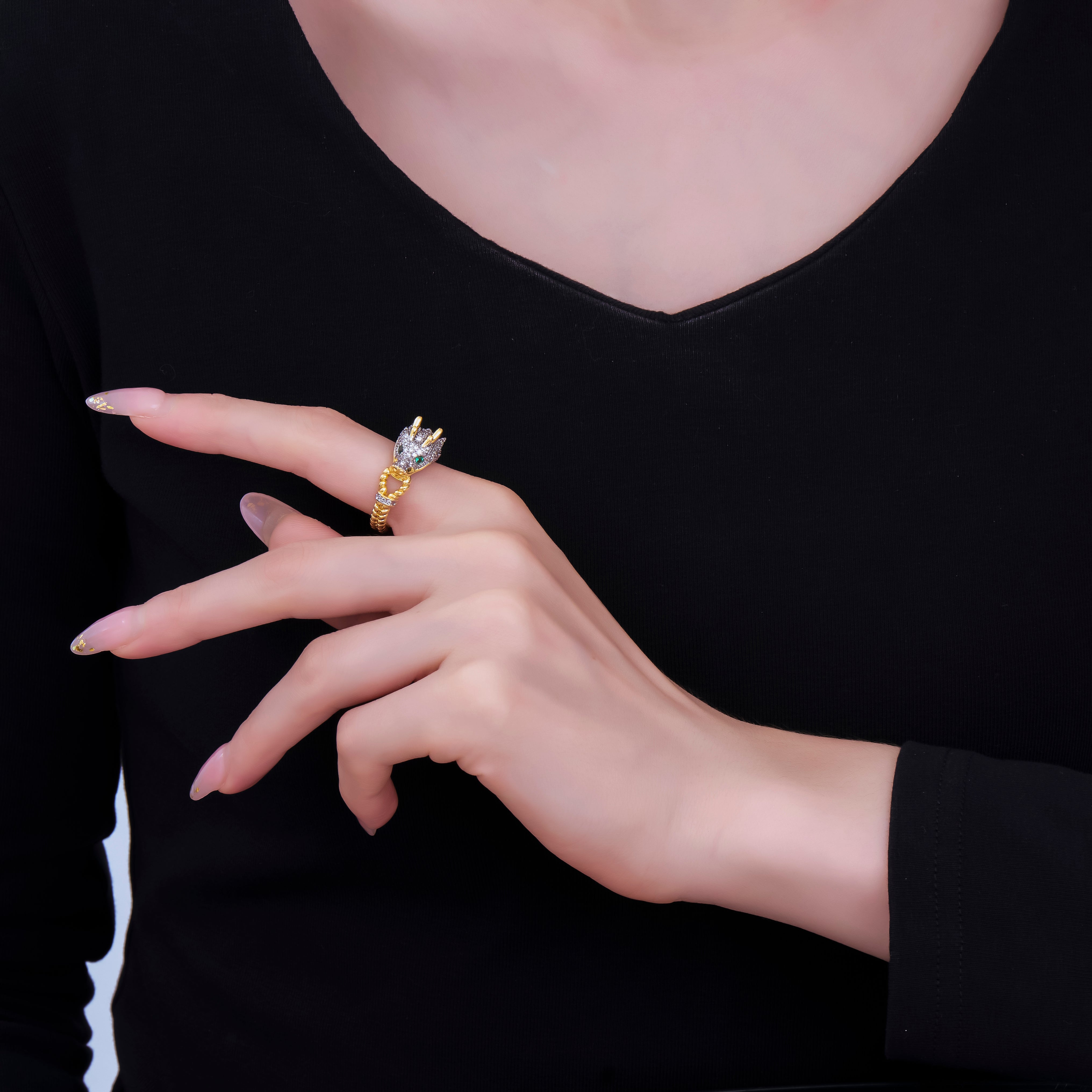 24K Gold Filled Red & Green Micro Paved CZ Enamel Art Mythical Dragon Adjustable Ring in Black & Grey | O-1489 O-1490
